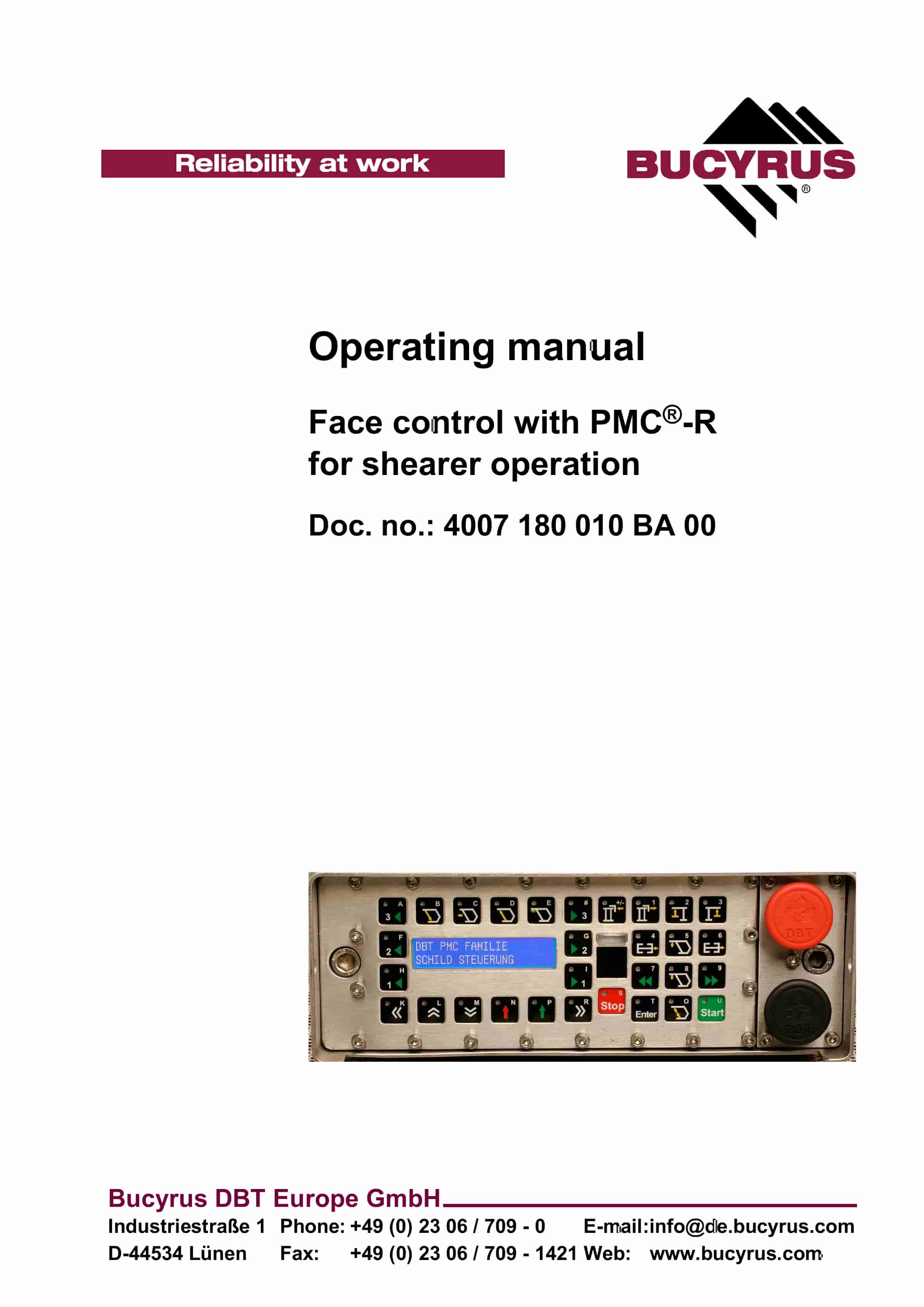 Bucyrus Face Controller With PMC-R Operating Manual 4007 180 010 BA 00