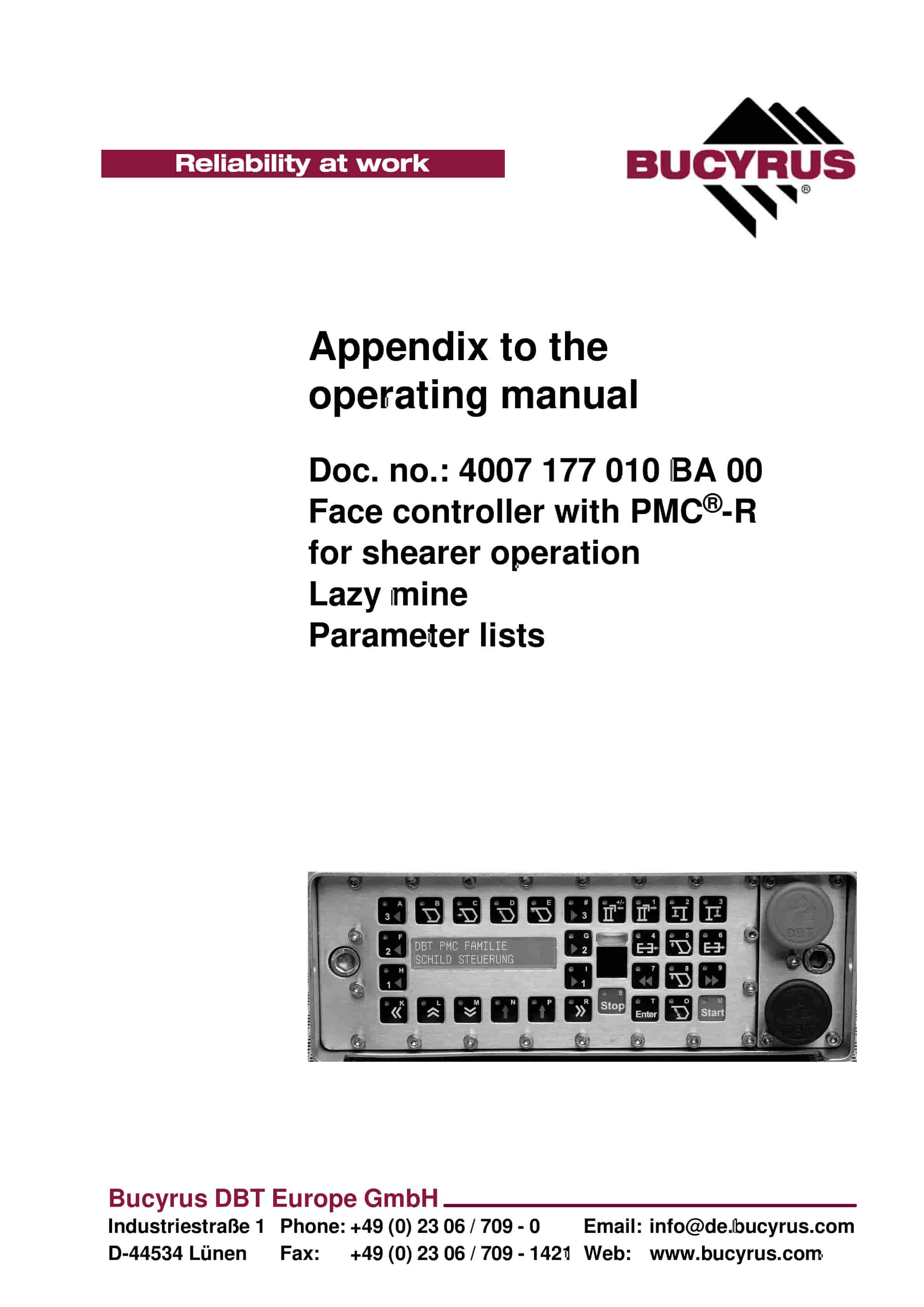 Bucyrus Face Controller With PMC-R Parameter Lists Operating Manual 4007 177 010 BA 00