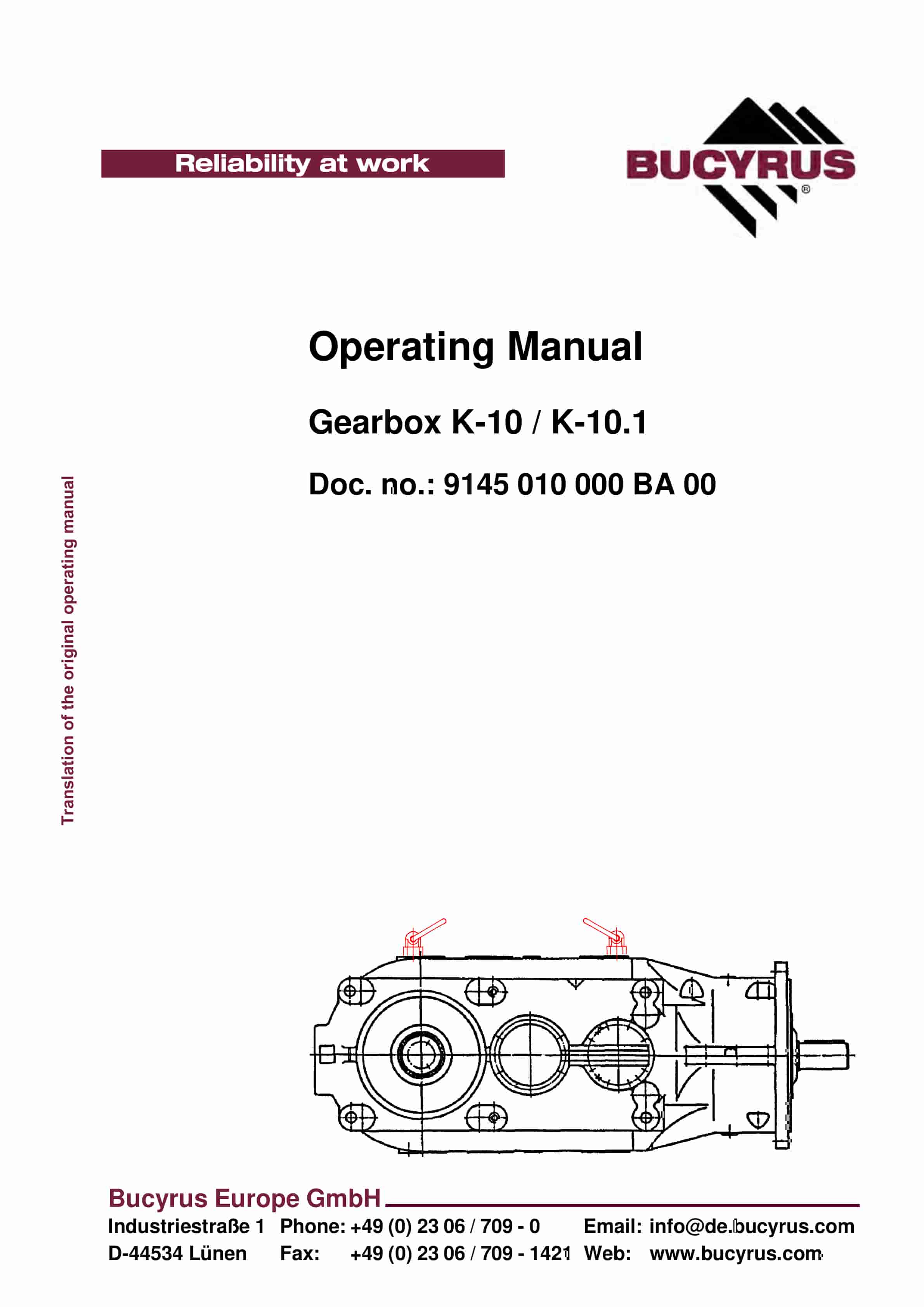Bucyrus Gearbox K-10, K-10.1 Operating Manual 9145 010 000 BA 00