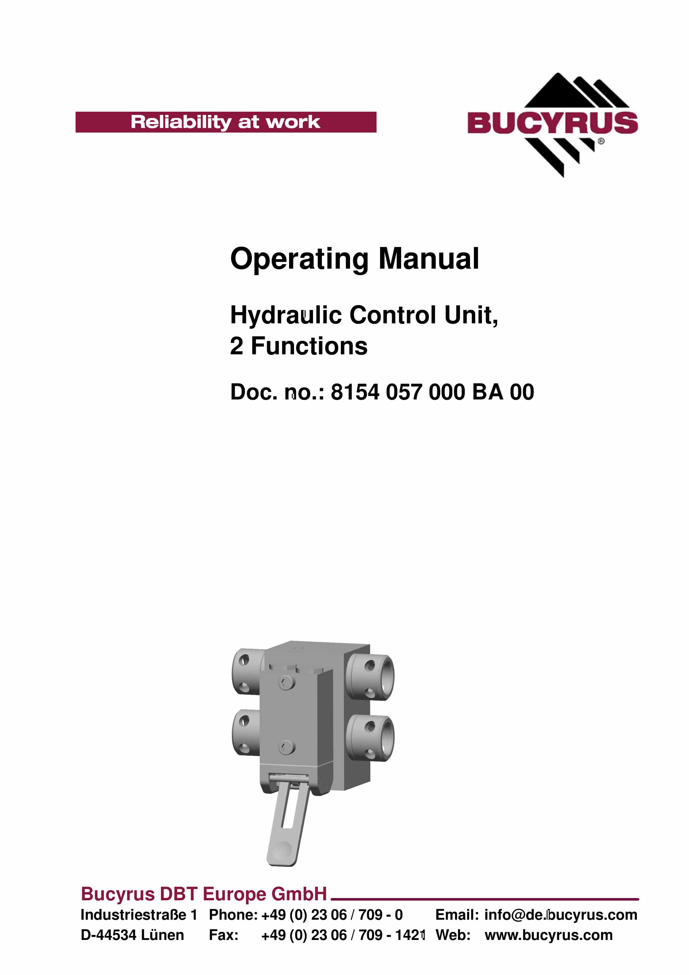 Bucyrus Hydraulic Control Unit, 2 Functions Operating Manual 8154 057 000 BA 00