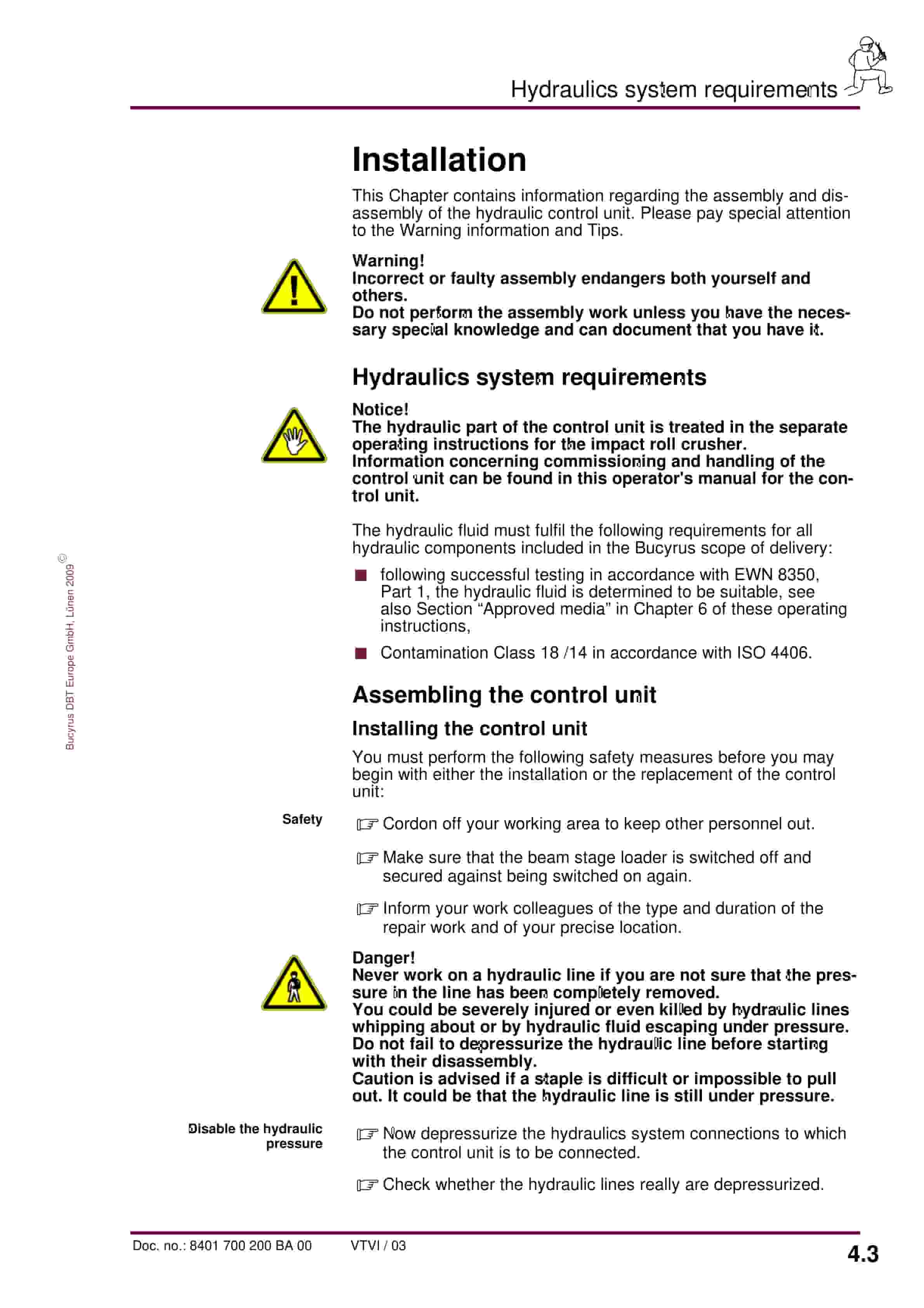 Bucyrus Hydraulic Control Unit, 8 Functions Operating Manual 8401 007 200 BA 00-2