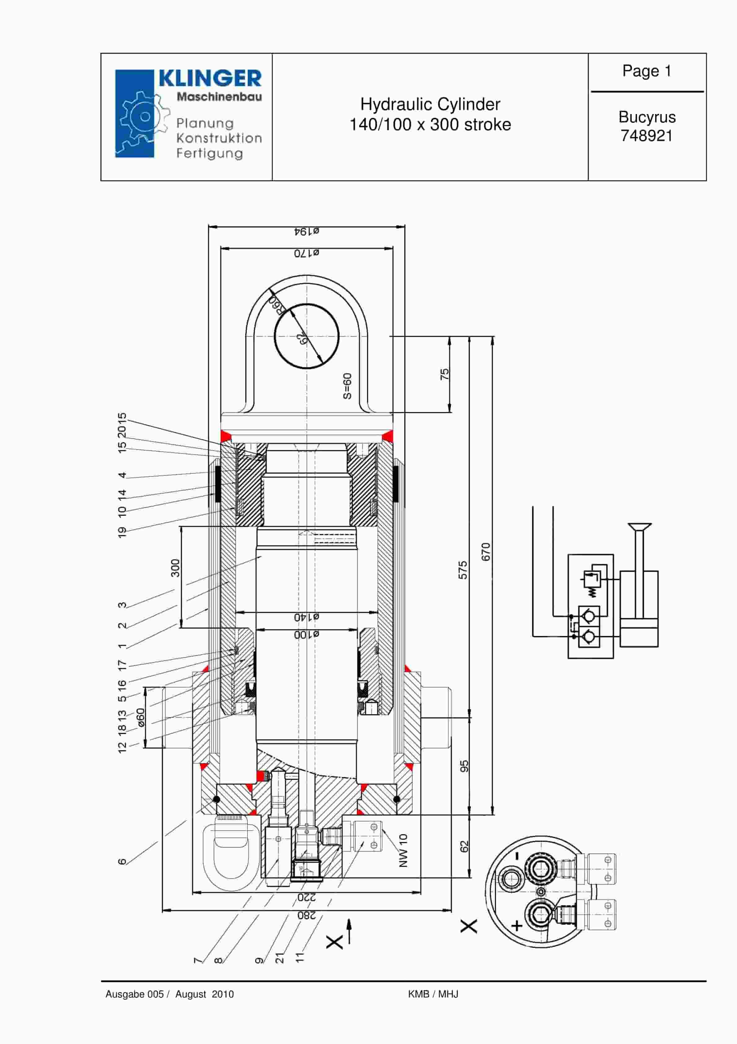 Bucyrus Hydraulic Cylinder 140-100 x 300 Stroke Service Parts List 748921