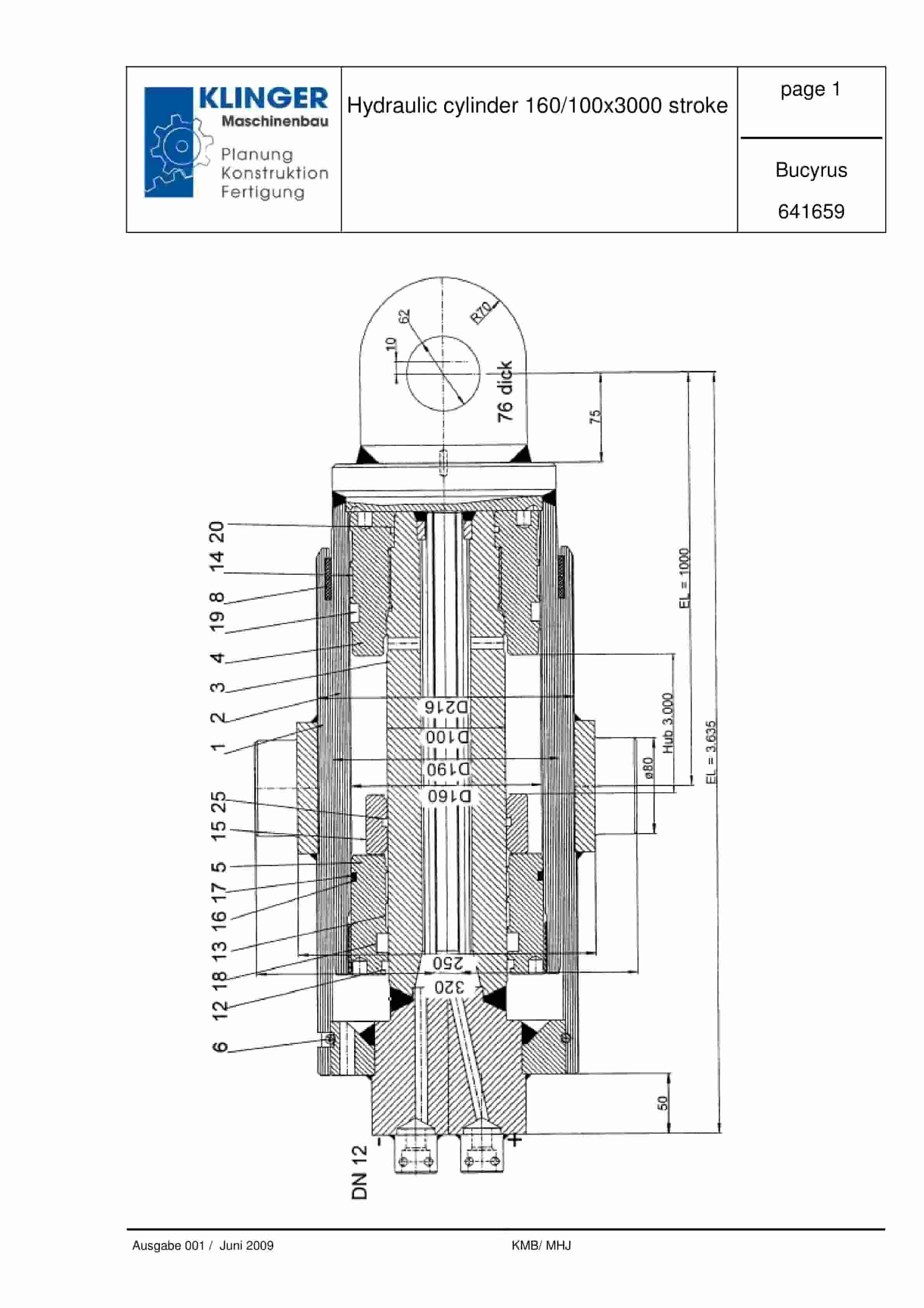 Bucyrus Hydraulic Cylinder 160-100 x 3000 Stroke Service Parts List 641659