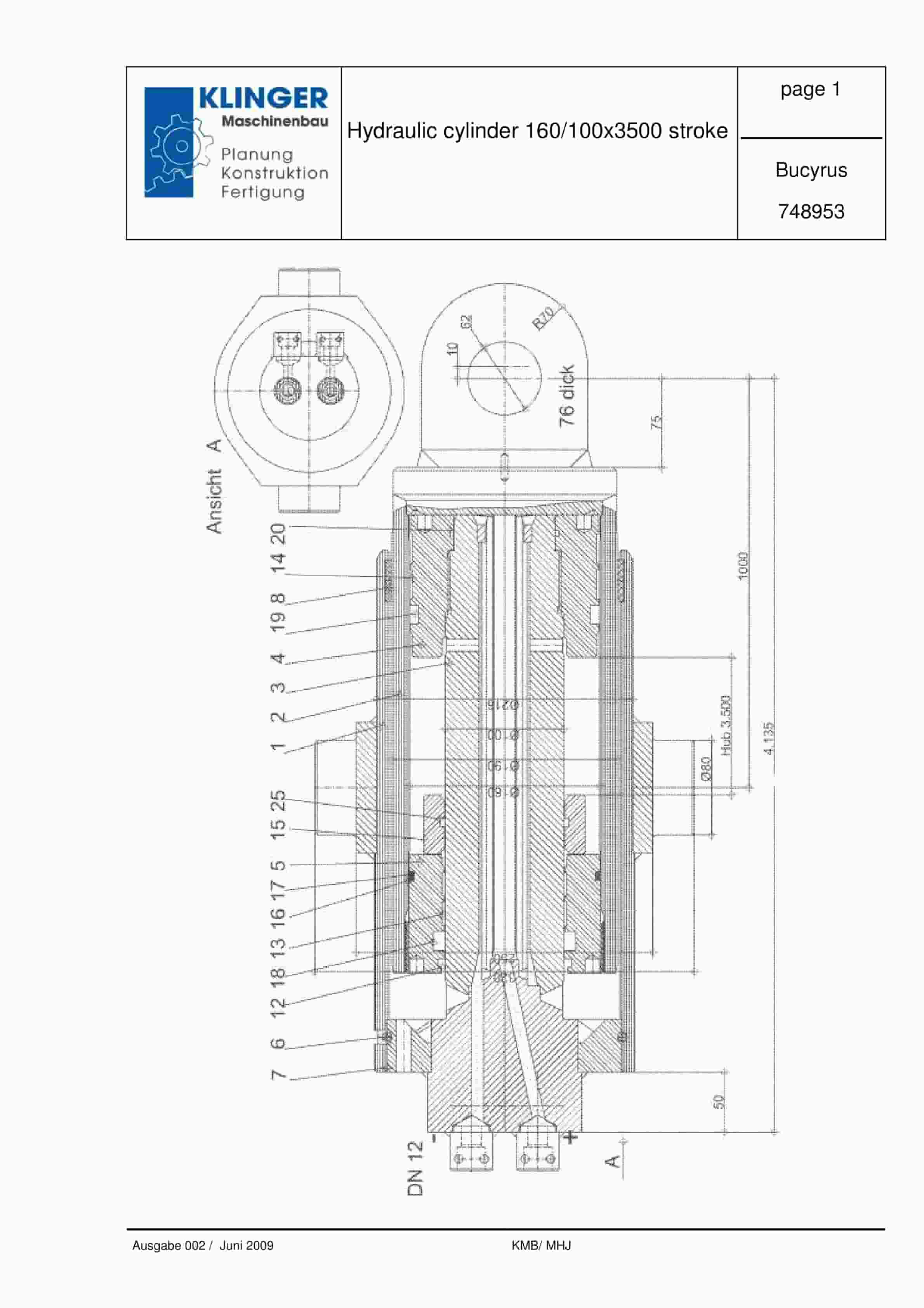 Bucyrus Hydraulic Cylinder 160-100 x 3500 Stroke Service Parts List 748953