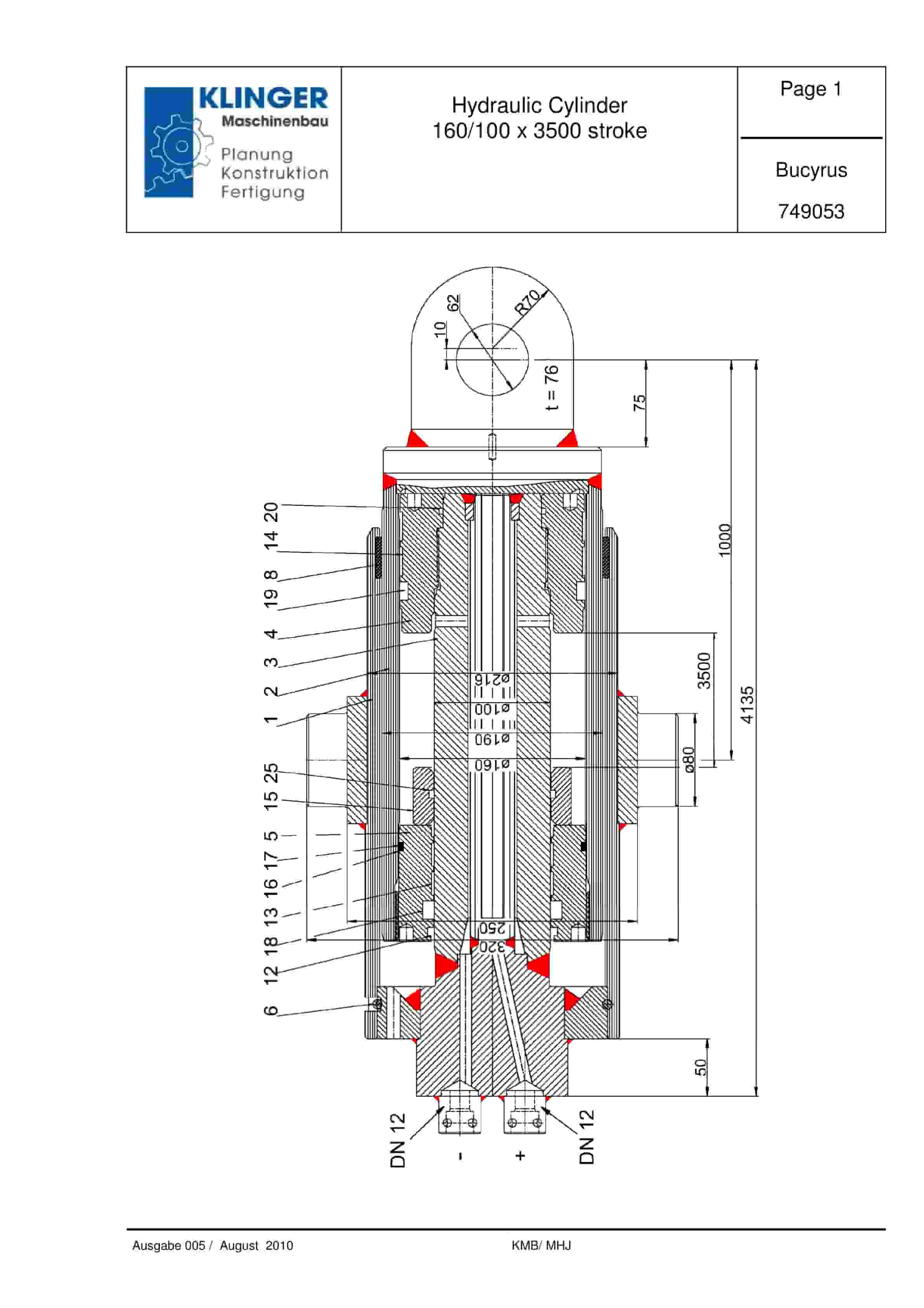 Bucyrus Hydraulic Cylinder 160-100 x 3500 Stroke Service Parts List 749053