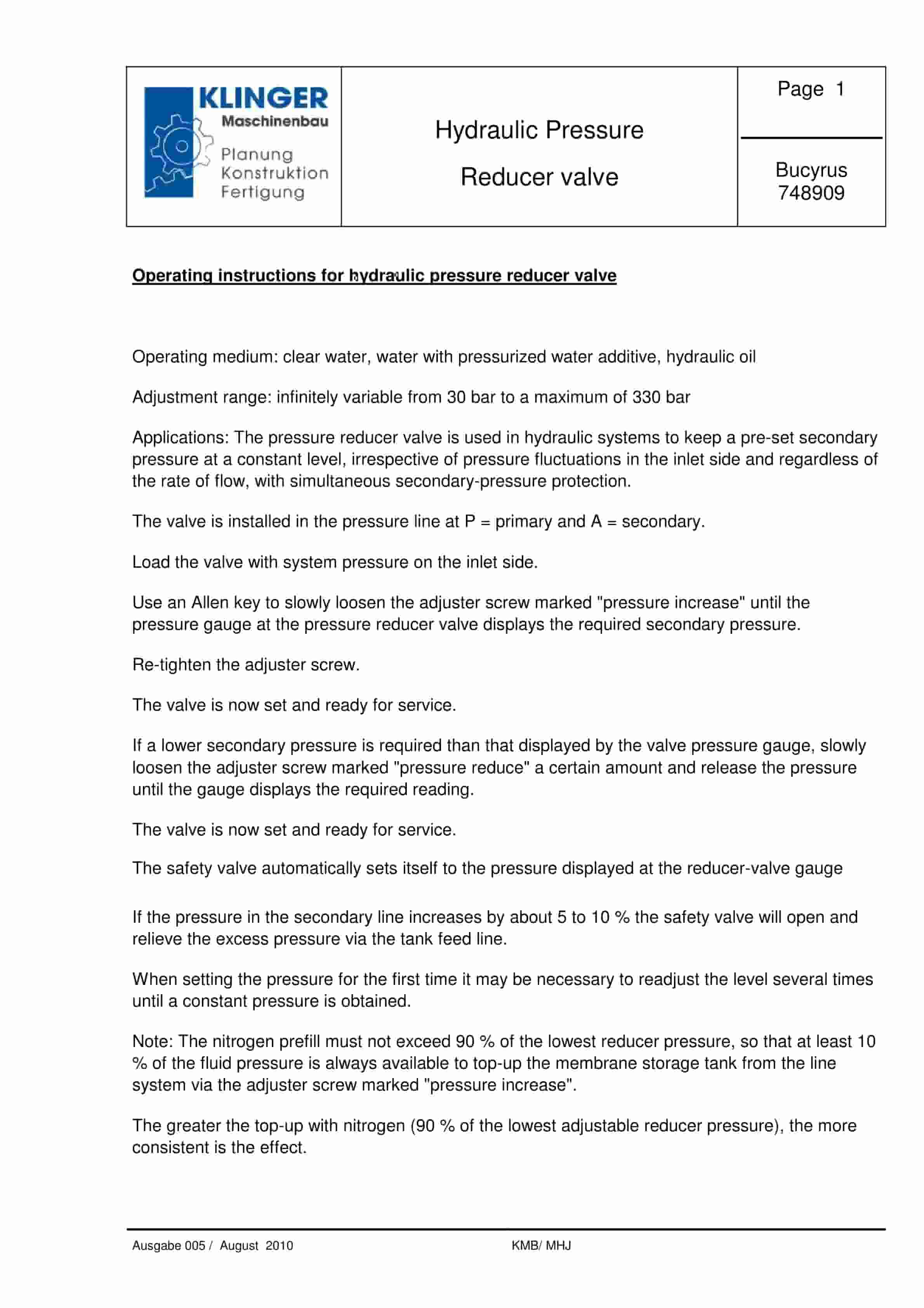 Bucyrus Hydraulic Pressure Reducer Valve Service Parts List 748909