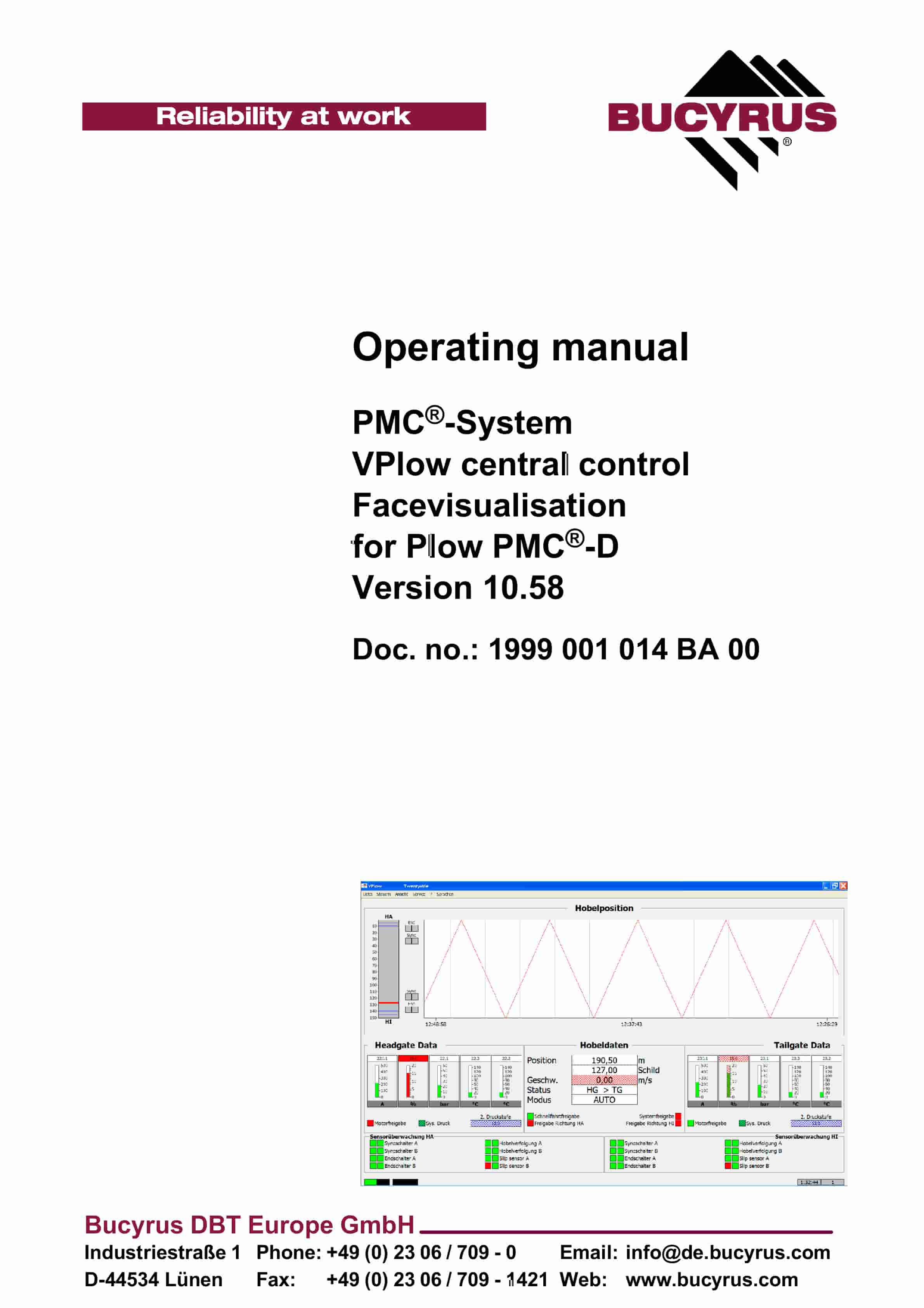 Bucyrus PMC-System Vplow Central Control Facevisualisation For Plow PMC-D Ver 10.81 Operating Manual 1999 001 014 BA 00