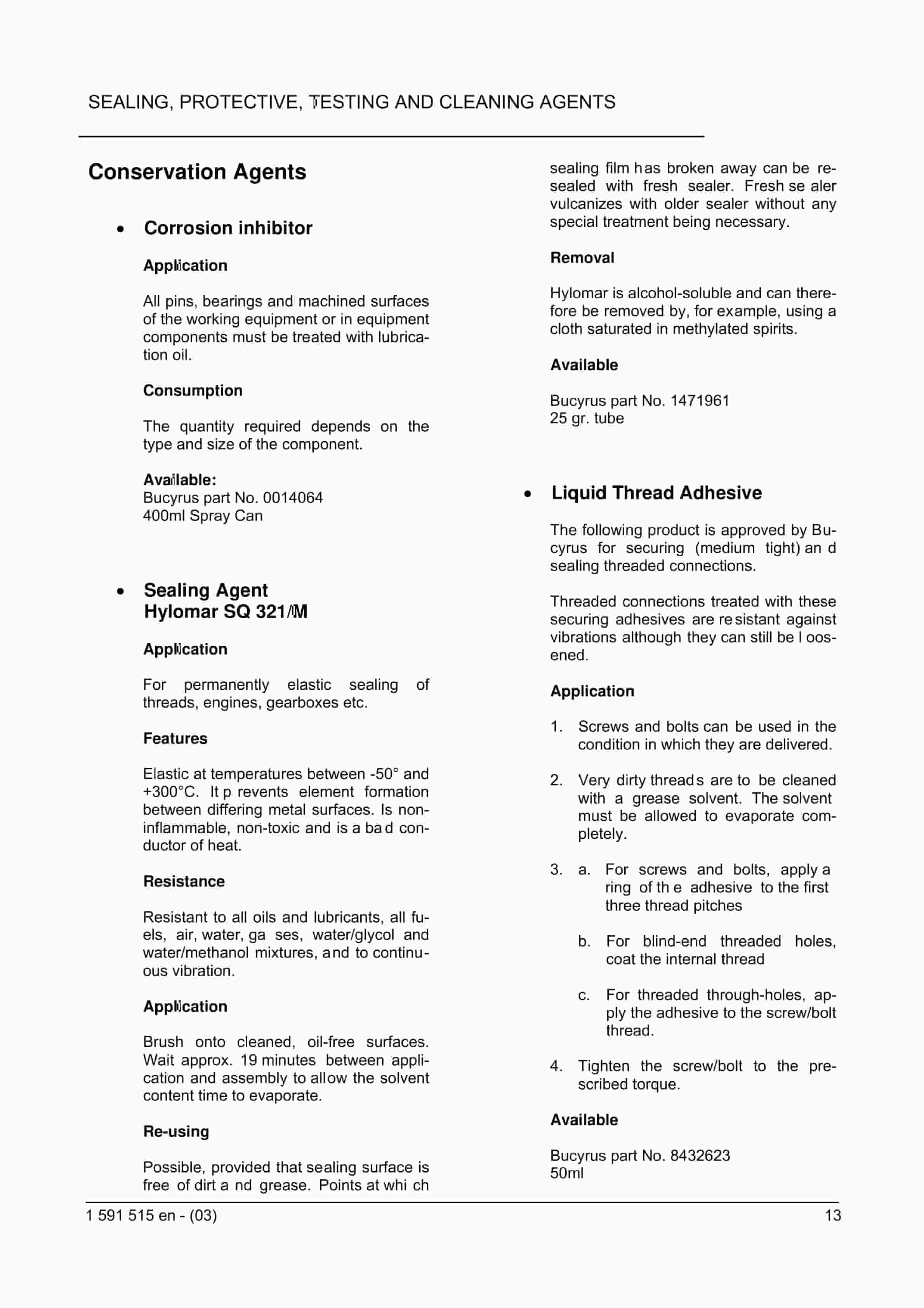 Bucyrus Sealing, Protective, Testing And Cleaning Agents Technical Handbook 1591515-5