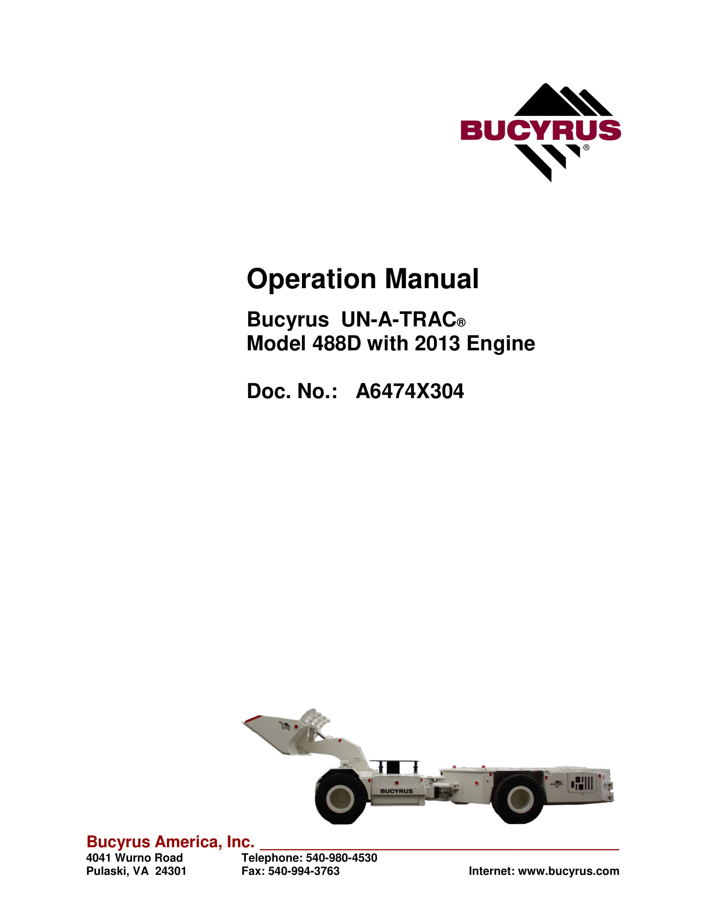 Bucyrus UN-A-TRAC 488D With 2013 Engine Operation Manual A6474X304