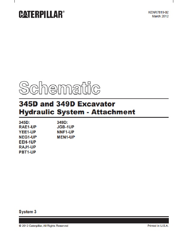 Caterpillar 345D, 349D Excavator Hydraulic System - Attachment Schematic KENR7819-02