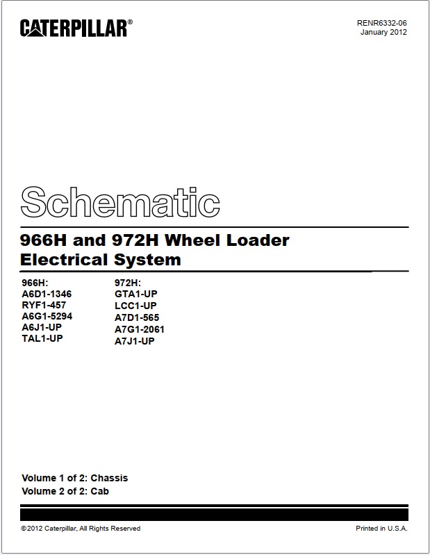 Caterpillar 966H, 972H Wheel Loader Electrical System Schematic RENR6332-06