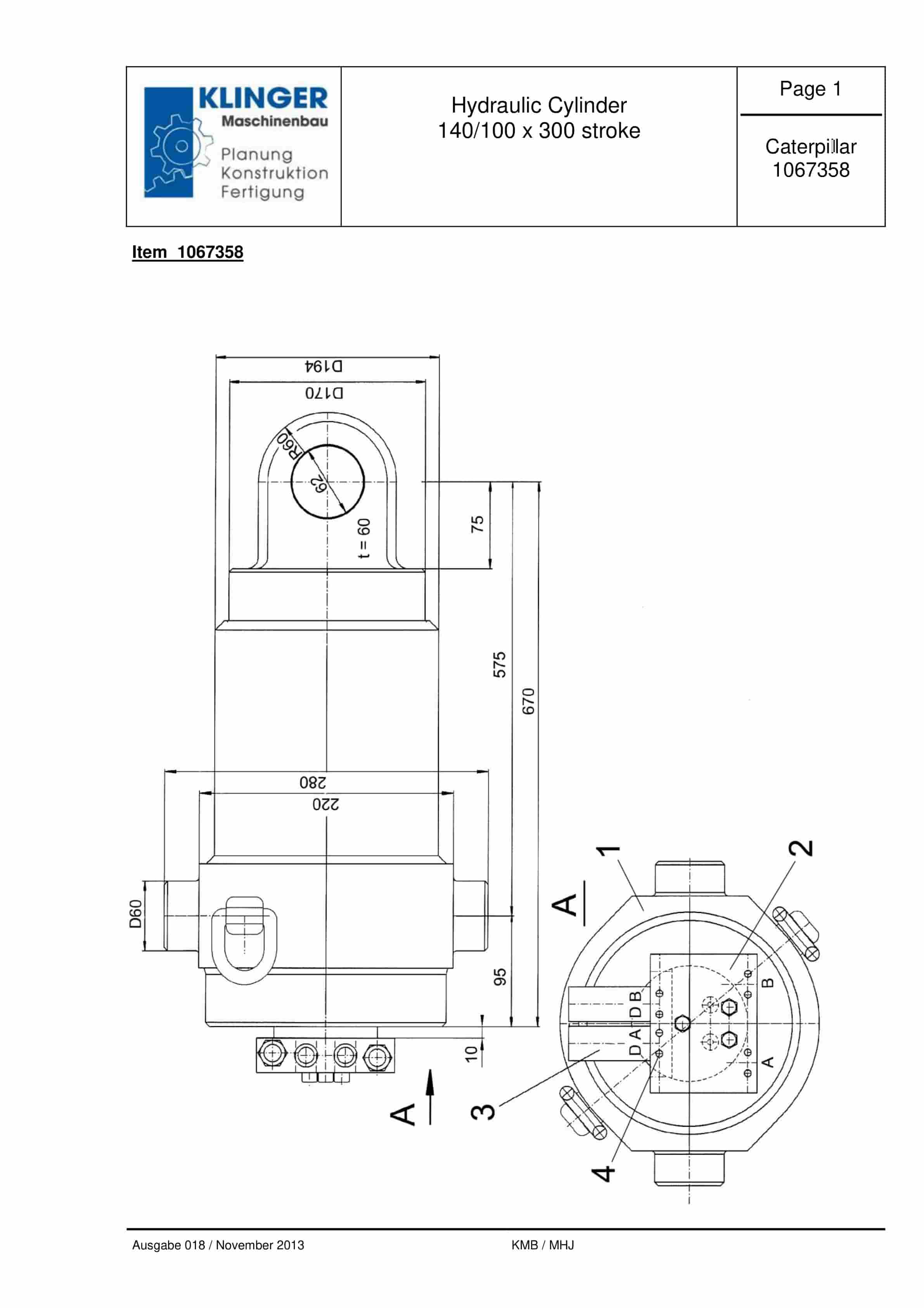 Caterpillar Hydraulic Cylinder 140-100 x 300 Stroke Service Parts List 1067358 1 Caterpillar Hydraulic Cylinder 140-100 x 300 Stroke Service Parts List 1067358