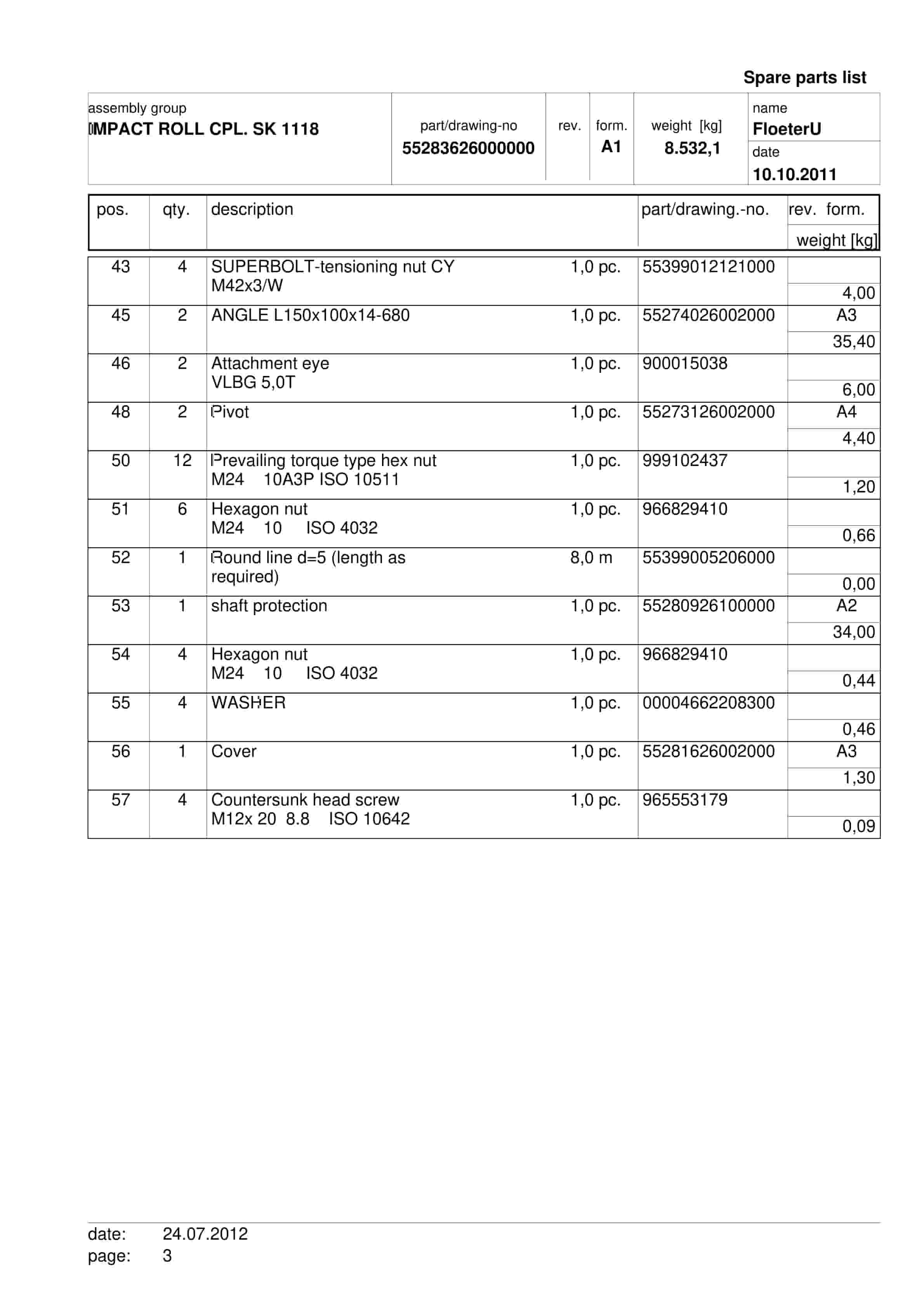 Caterpillar Impact Roll Crusher SK 1118 Spare Parts List 552848-2