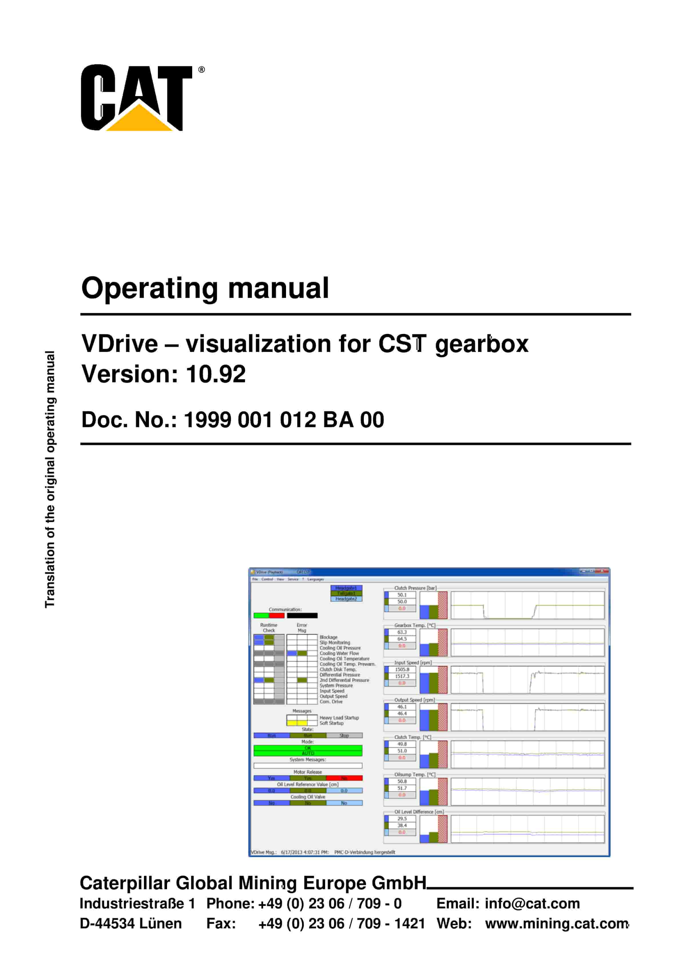 Caterpillar VDrive - Visualization Of The CST Gearbox Ver 10.92 Operating Manual 1999 001 012 BA 00