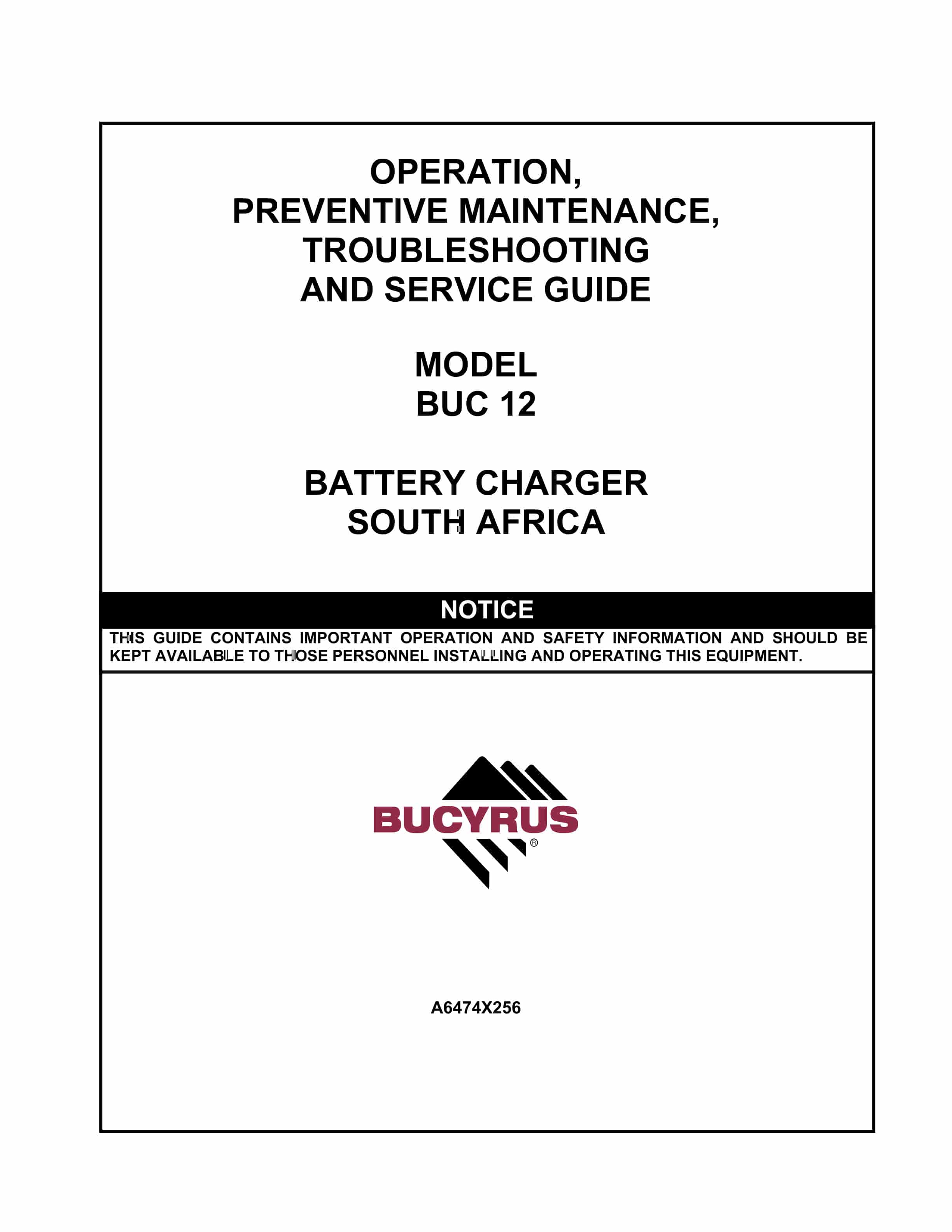 Bucyrus 12 Battery Charger Operation Manual A6474X256
