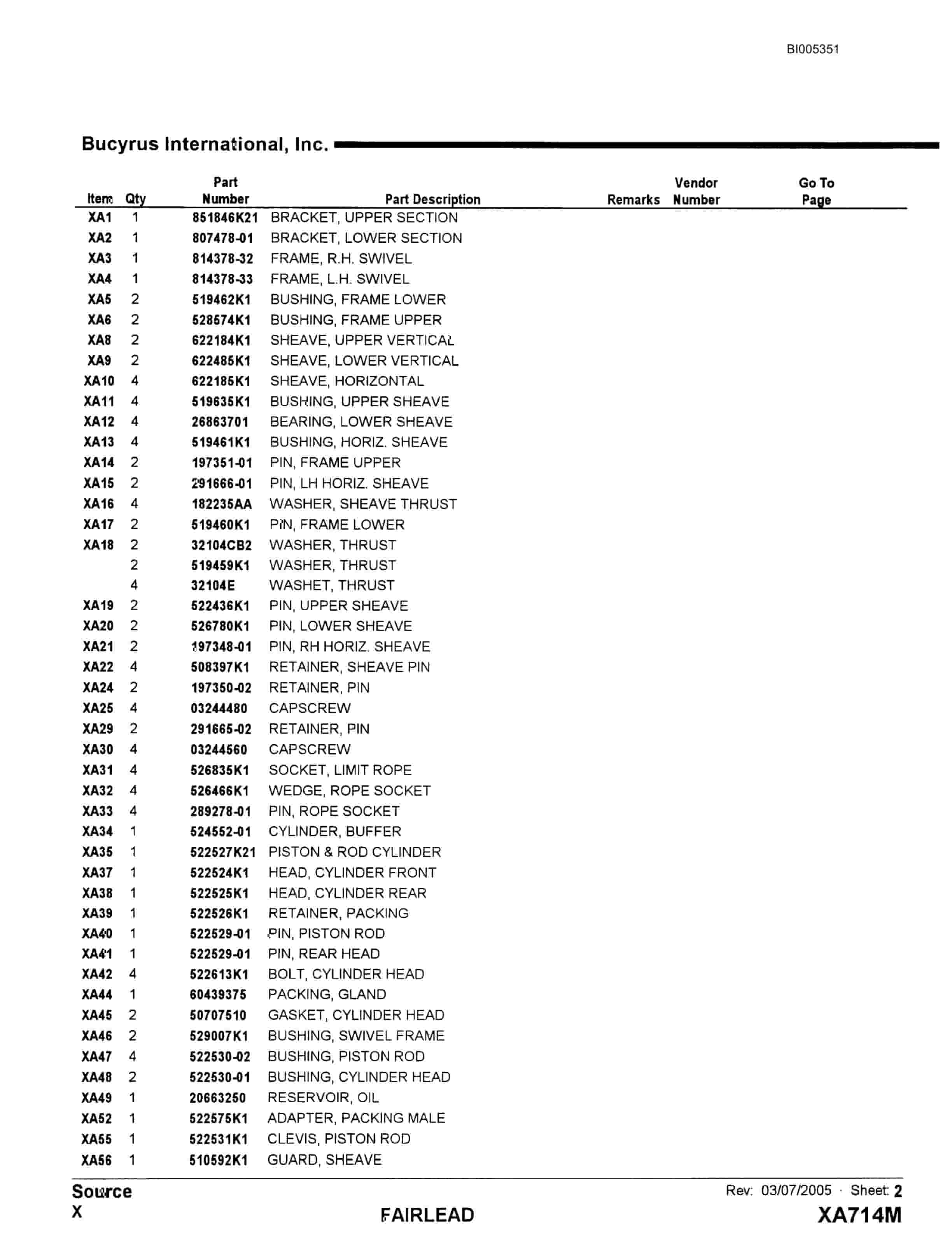 Bucyrus 1260W Parts Catalog BI005351-5