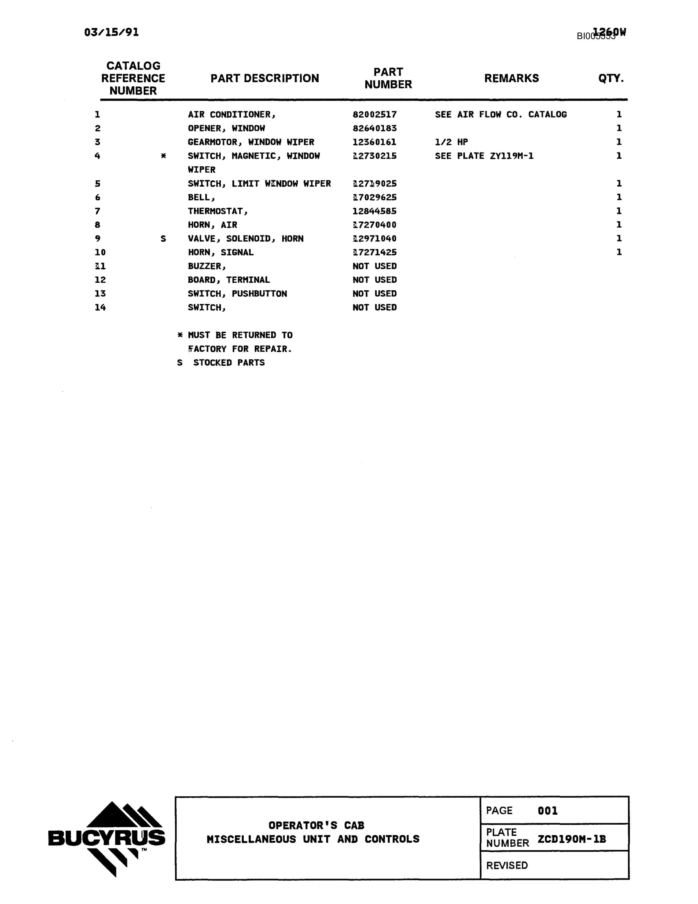 Bucyrus 1260W Parts Catalog BI005353-3
