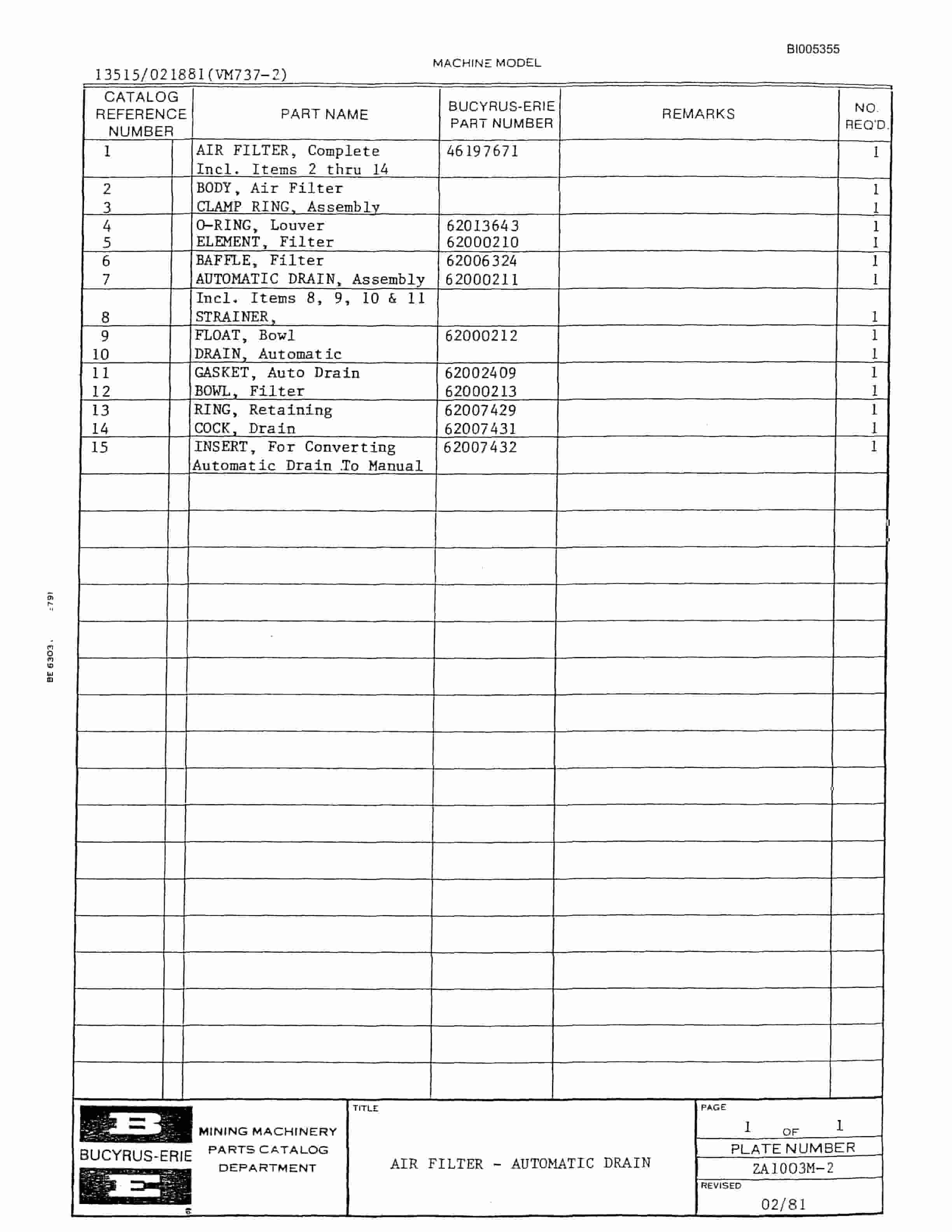 Bucyrus 1260W Parts Catalog BI005355-2