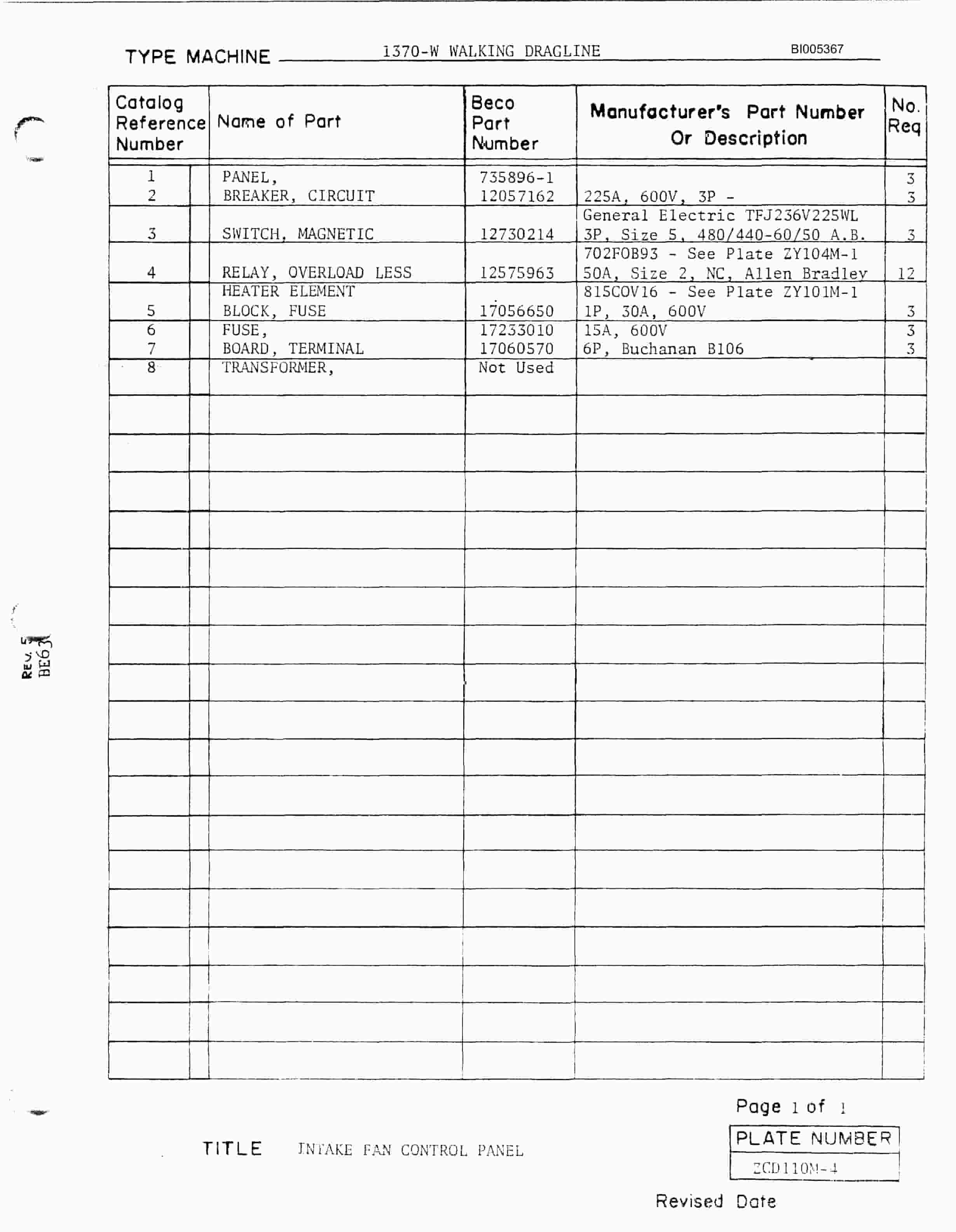 Bucyrus 1260W Parts Catalog BI005367-3