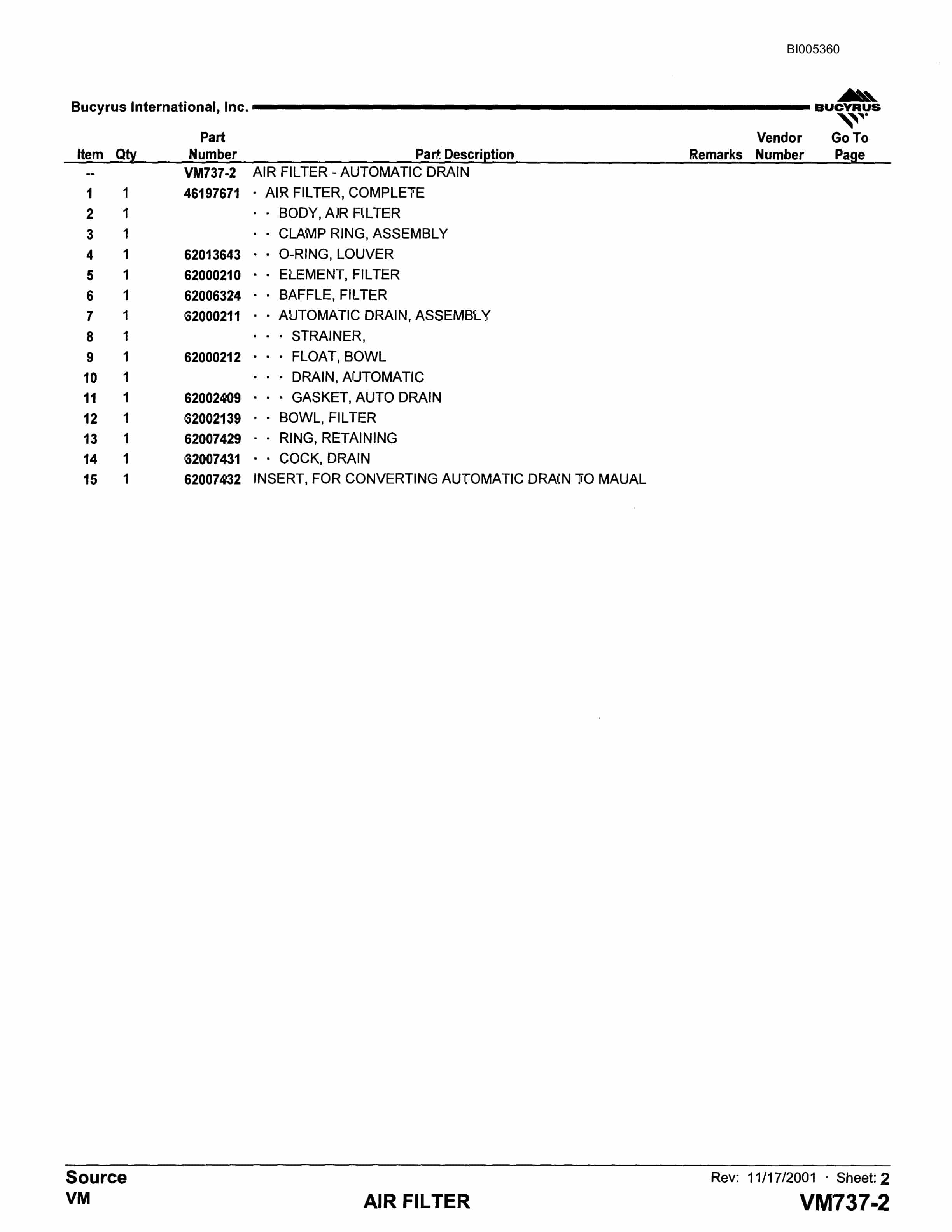 Bucyrus 1300W Parts Catalog BI005360-2