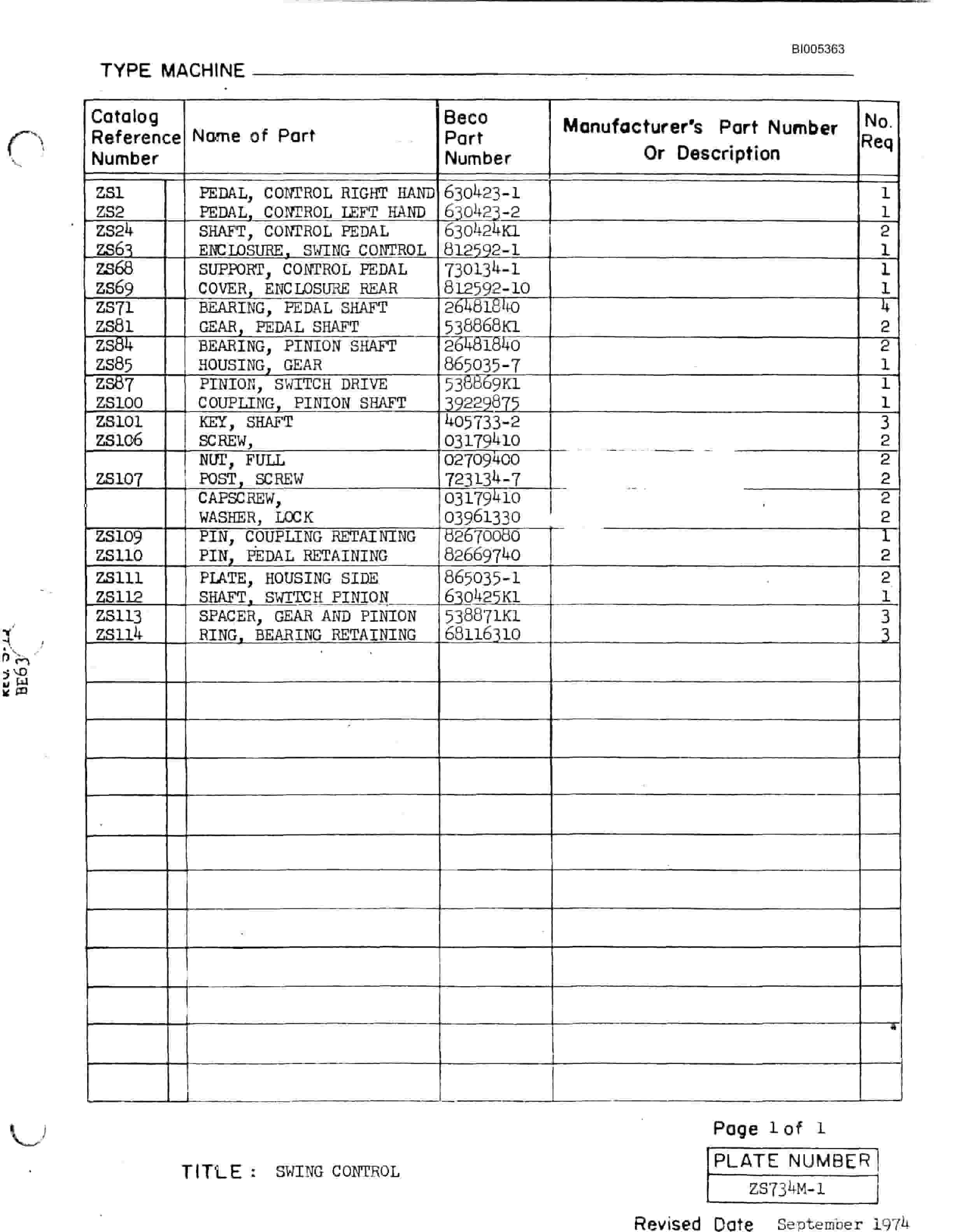 Bucyrus 1300W Parts Catalog BI005363-2