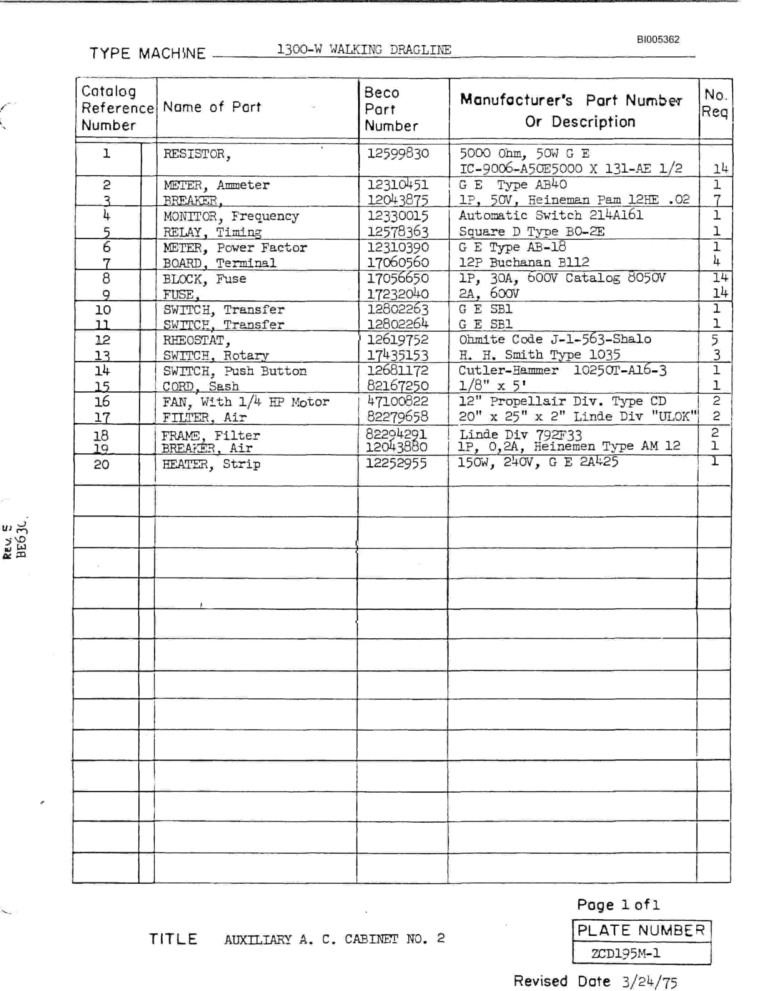 Bucyrus 1300W Walking Dragline Parts Catalog BI005362-3