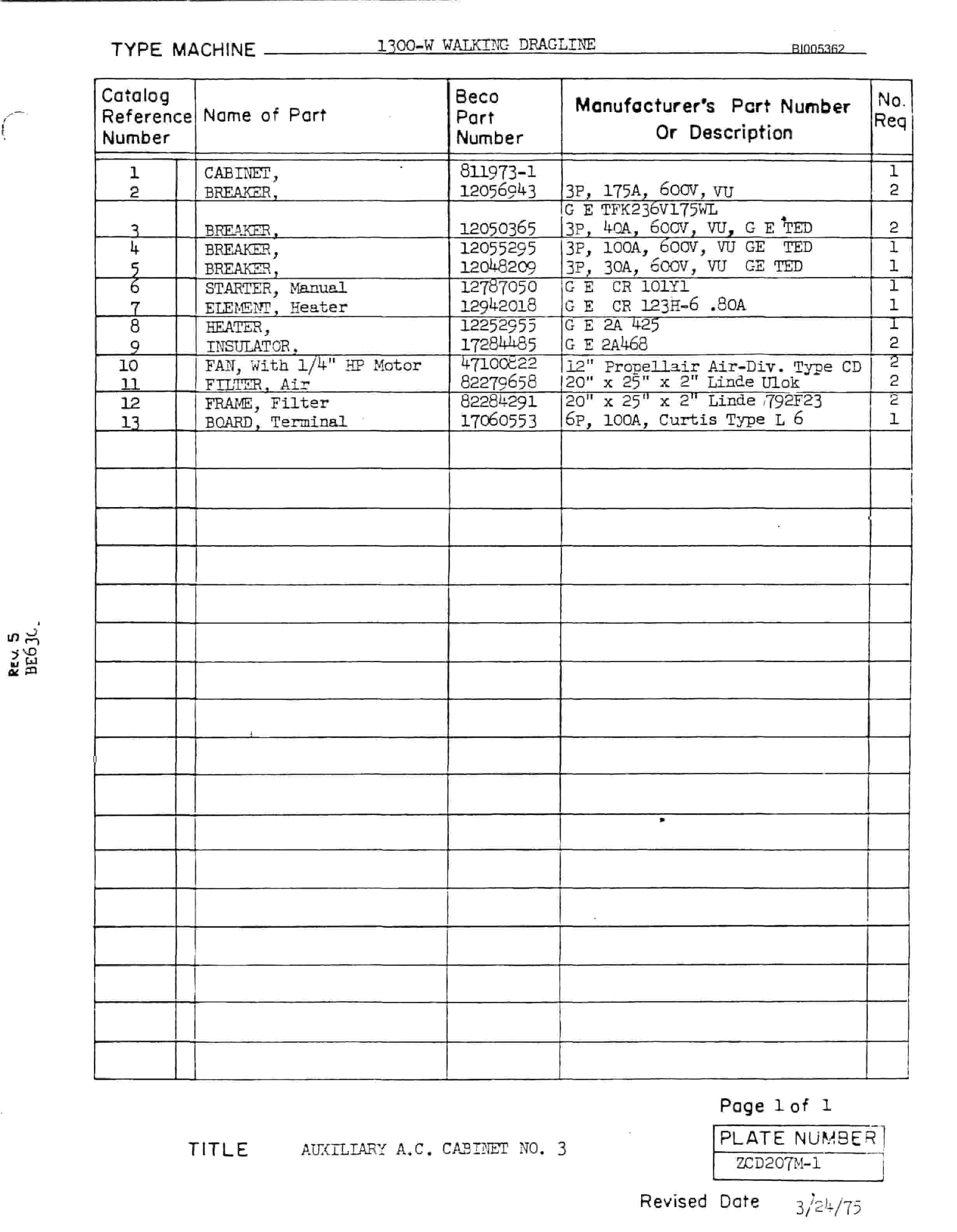 Bucyrus 1300W Walking Dragline Parts Catalog BI005362-5