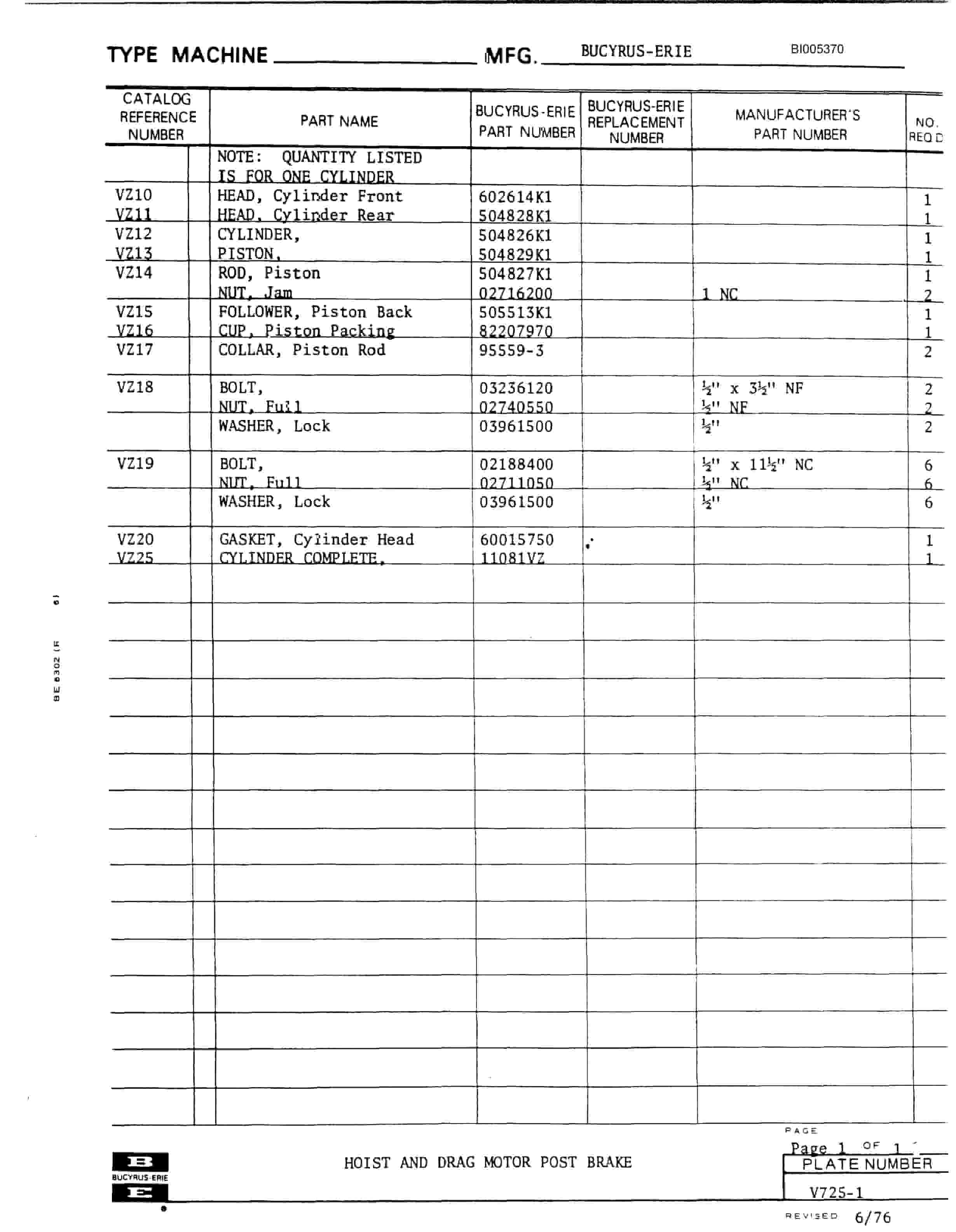 Bucyrus 1360W Parts Catalog BI005370-2