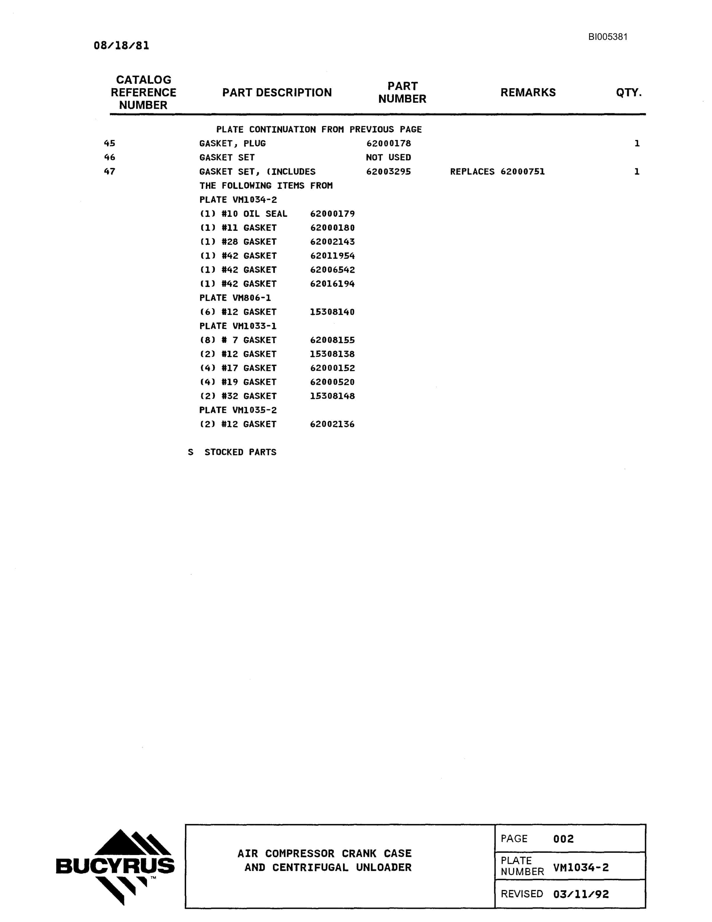 Bucyrus 1370W Parts Catalog BI005381-2