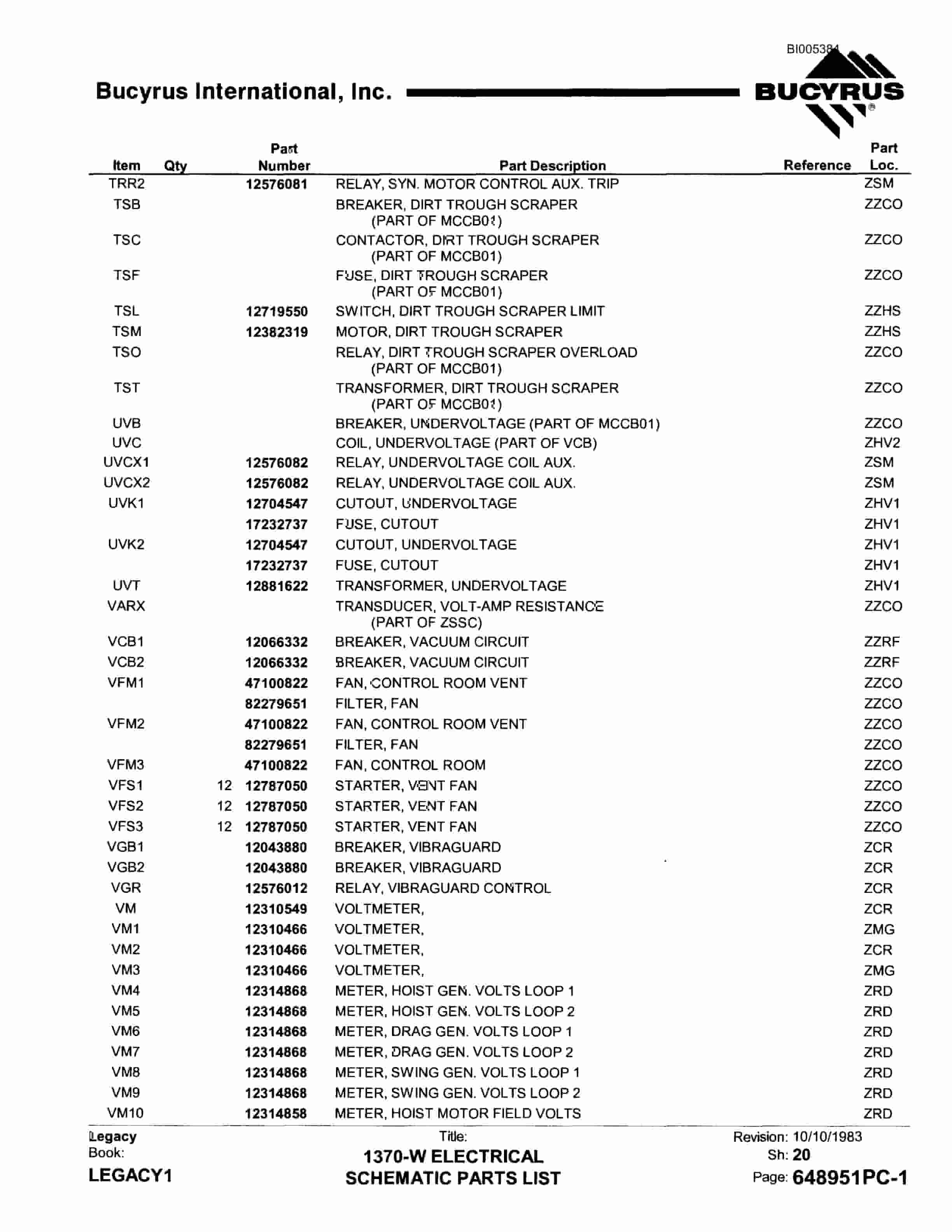 Bucyrus 1370W Walking Dragline Parts Catalog BI005384-5