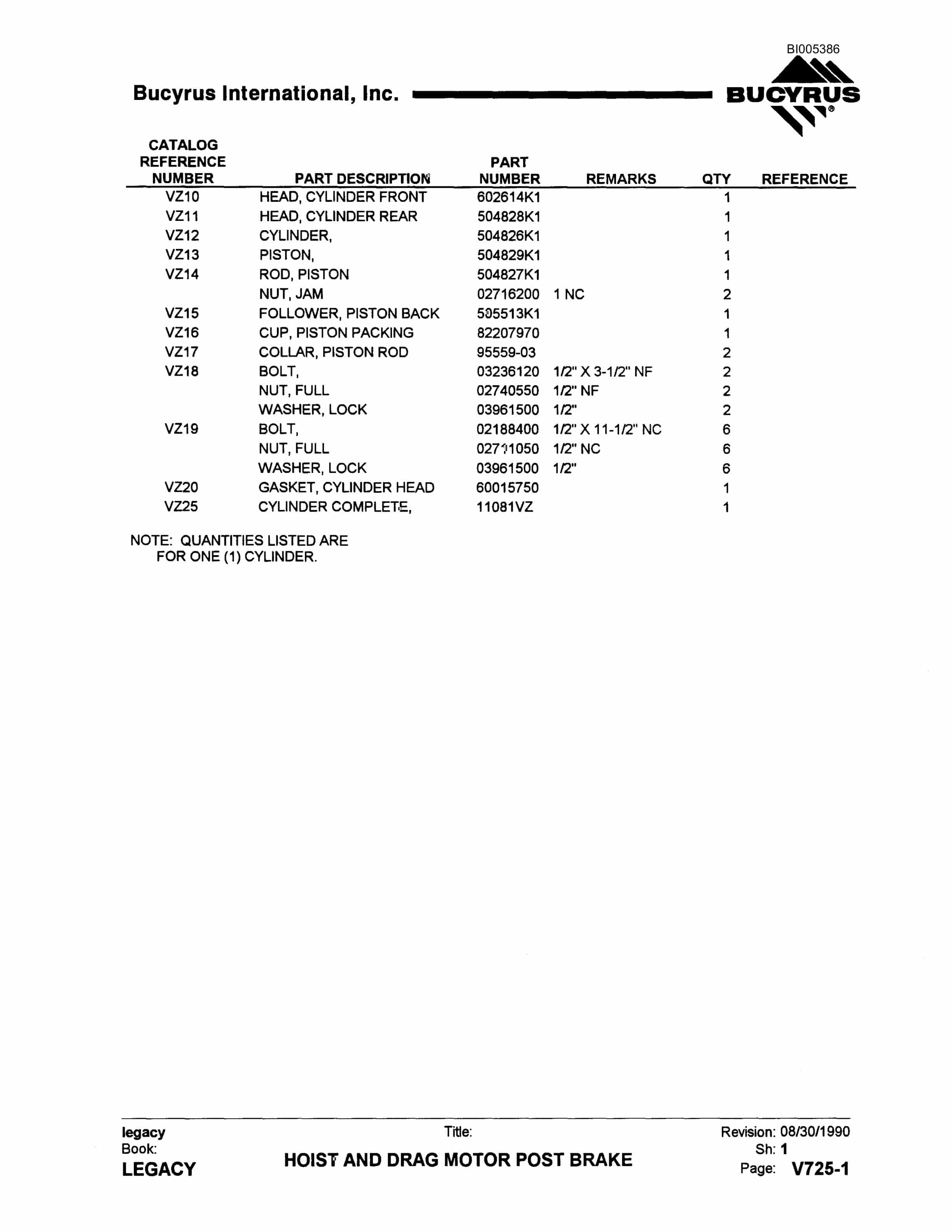 Bucyrus 1500W Parts Catalog BI005386-5