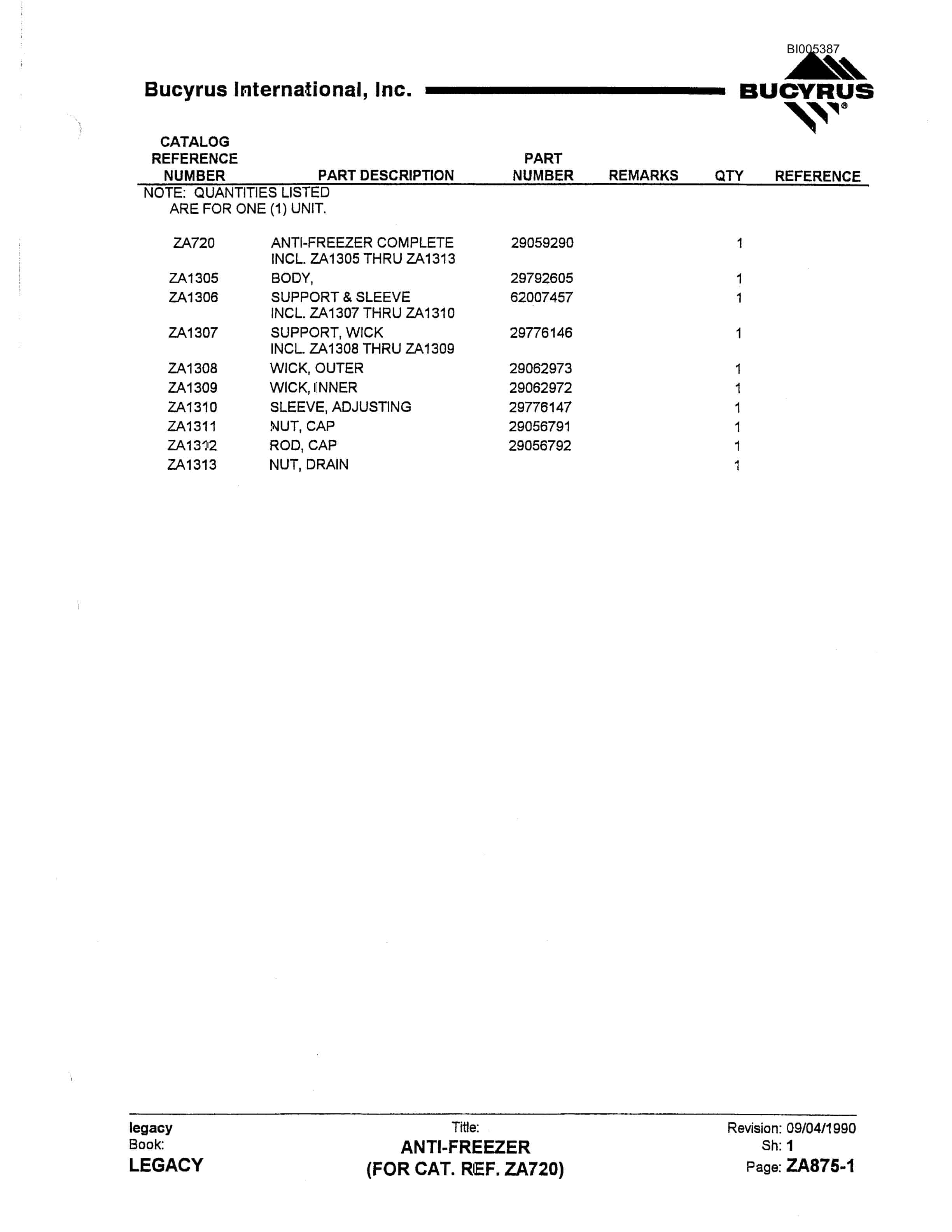 Bucyrus 1500W Parts Catalog BI005387-5