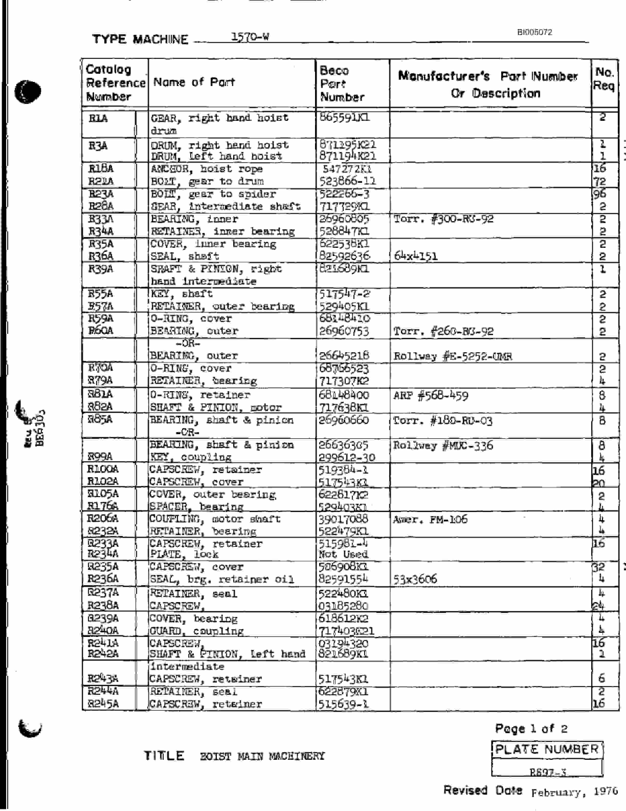 Bucyrus 1570-W Parts Catalog BI005072-2