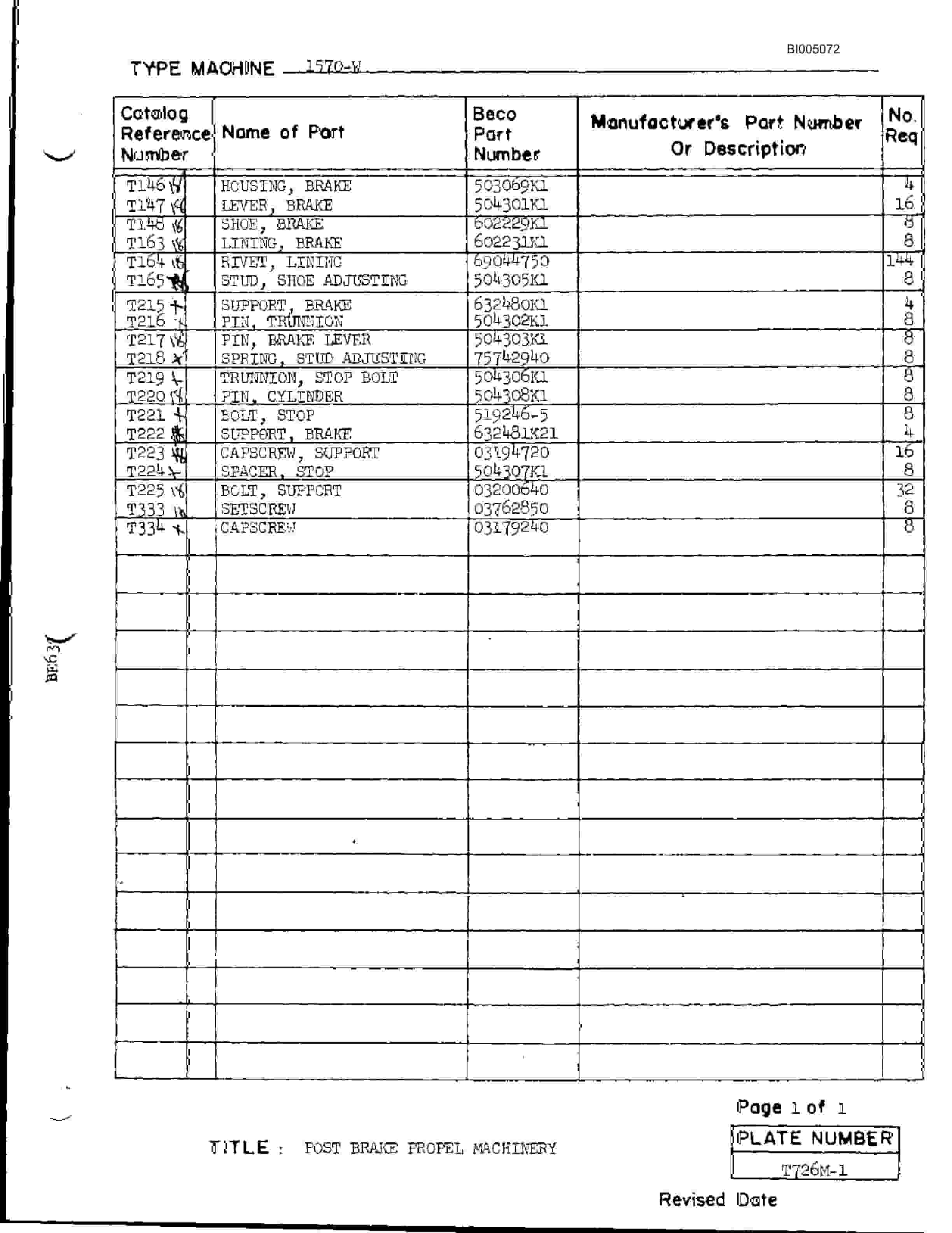 Bucyrus 1570-W Parts Catalog BI005072-3