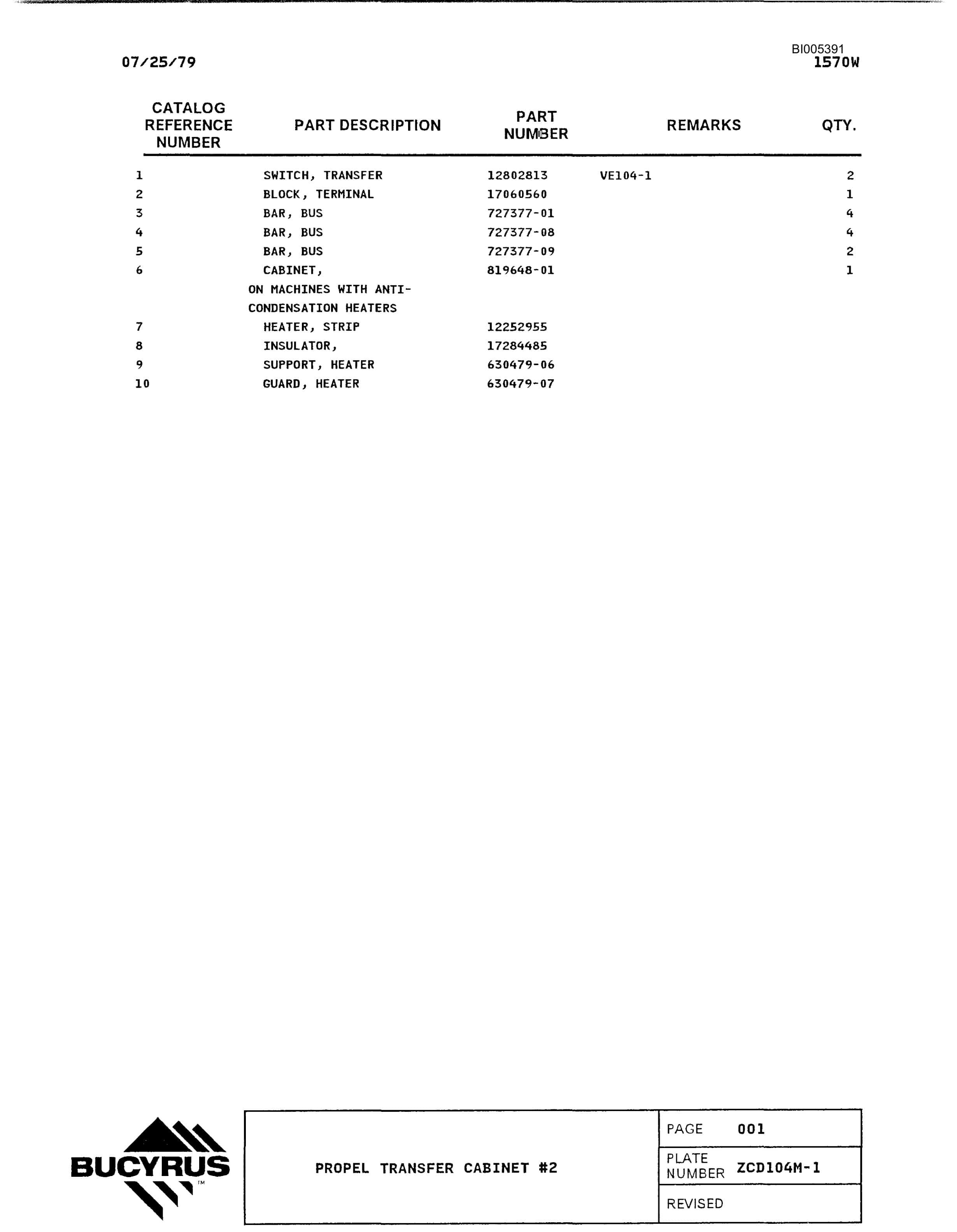 Bucyrus 1570W Dragline Parts Catalog BI005391-2