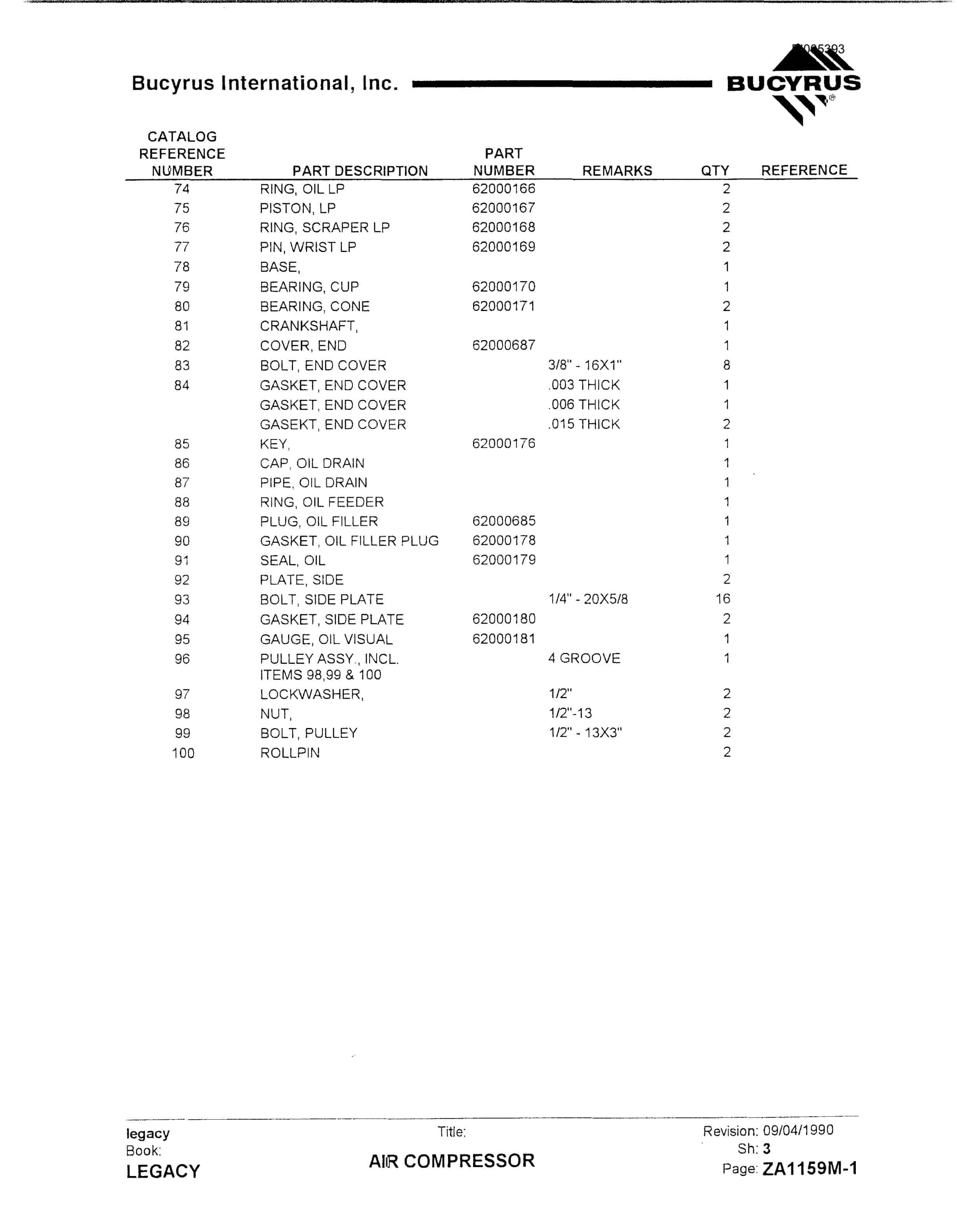 Bucyrus 1570W Parts Catalog BI005393-2