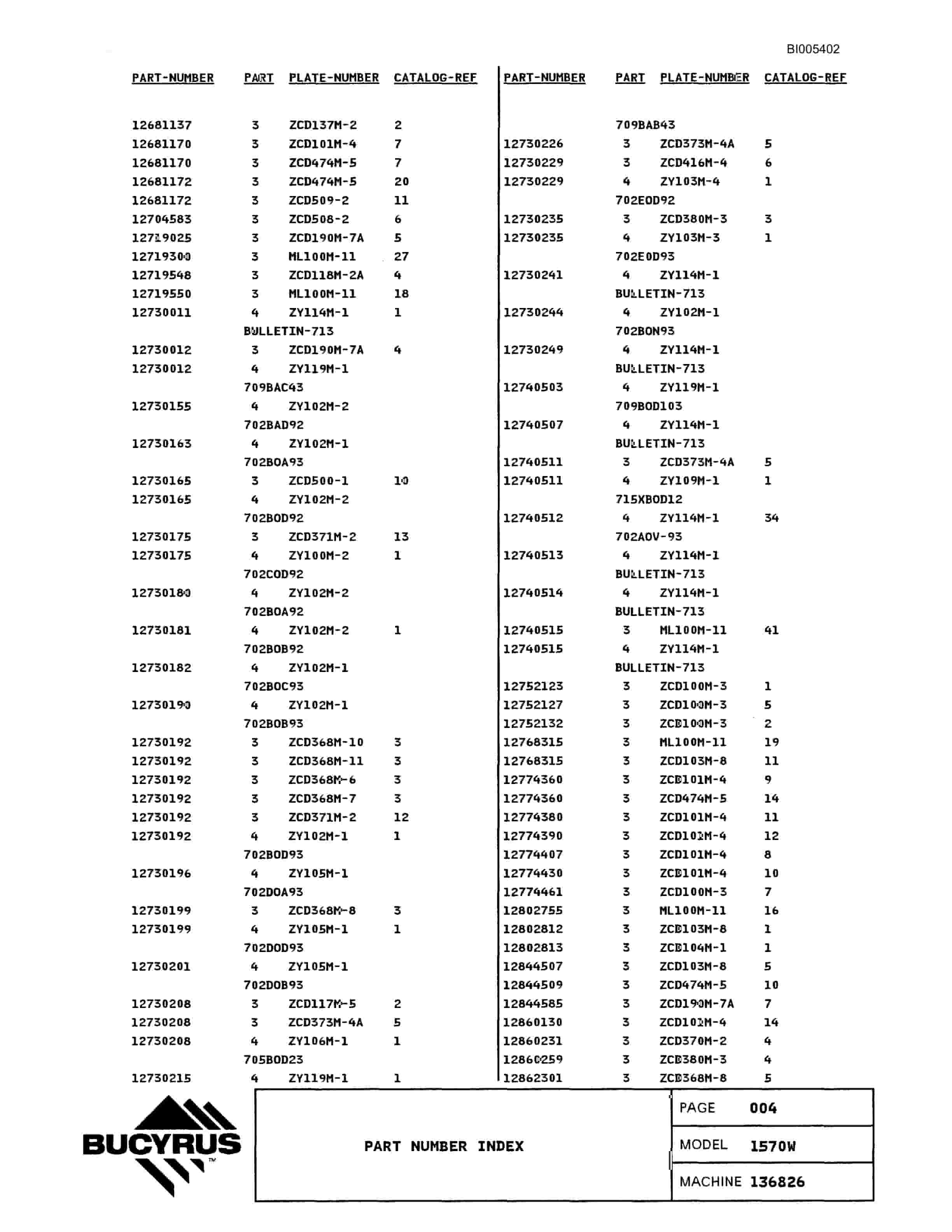 Bucyrus 1570W Parts Catalog BI005402-4
