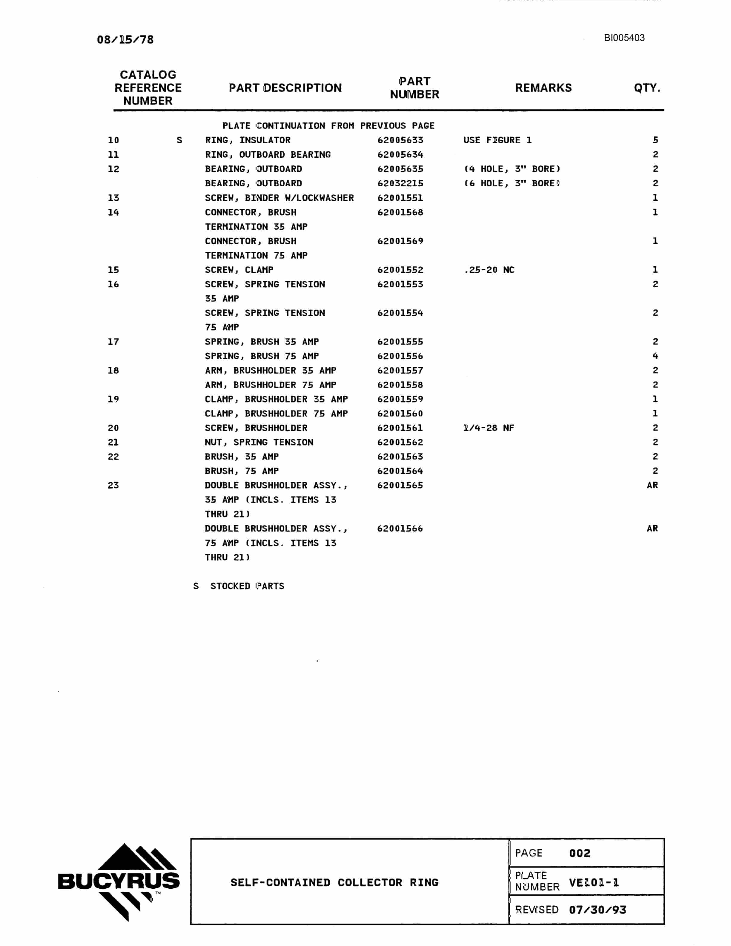 Bucyrus 1570W Parts Catalog BI005403-3