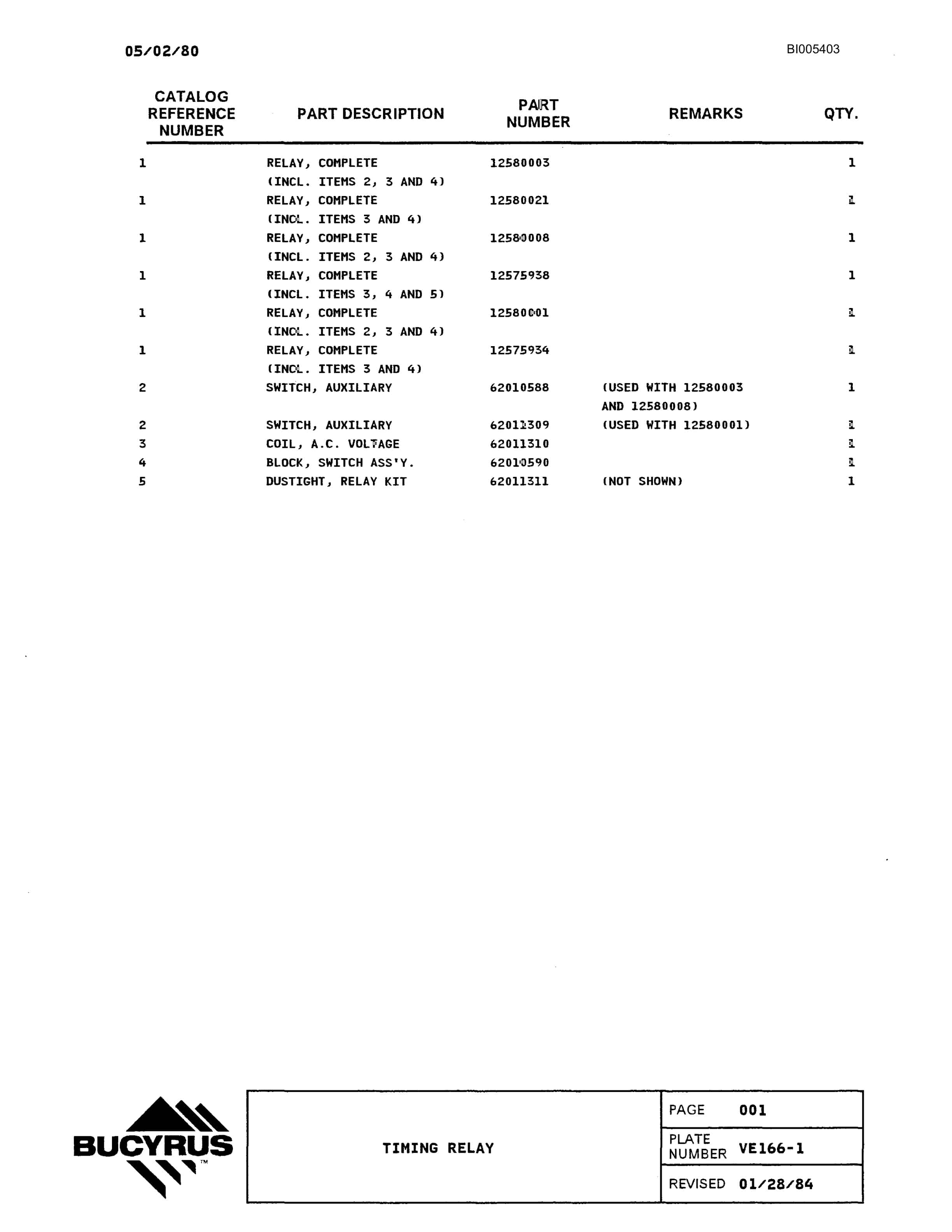 Bucyrus 1570W Parts Catalog BI005403-5