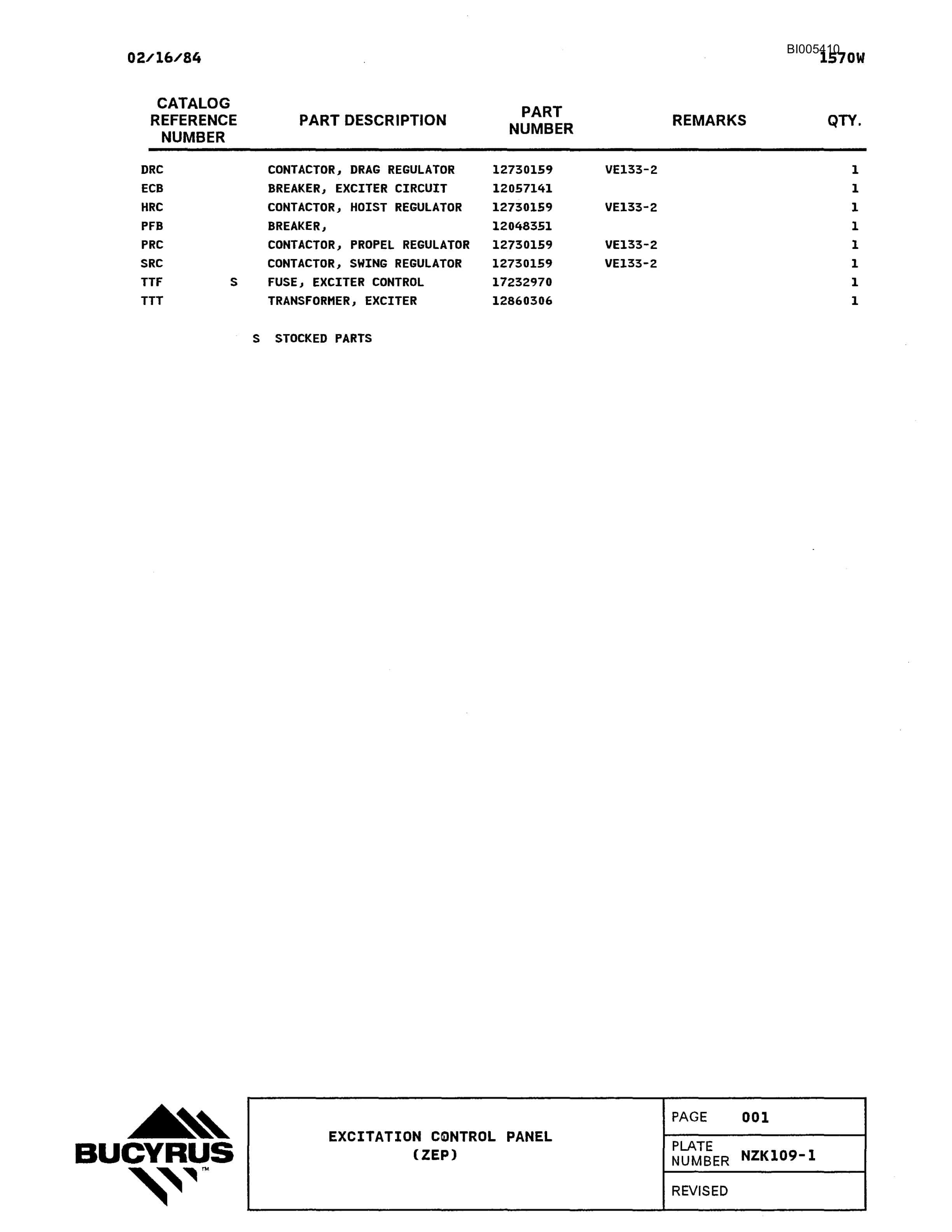 Bucyrus 1570W Parts Catalog BI005410-2