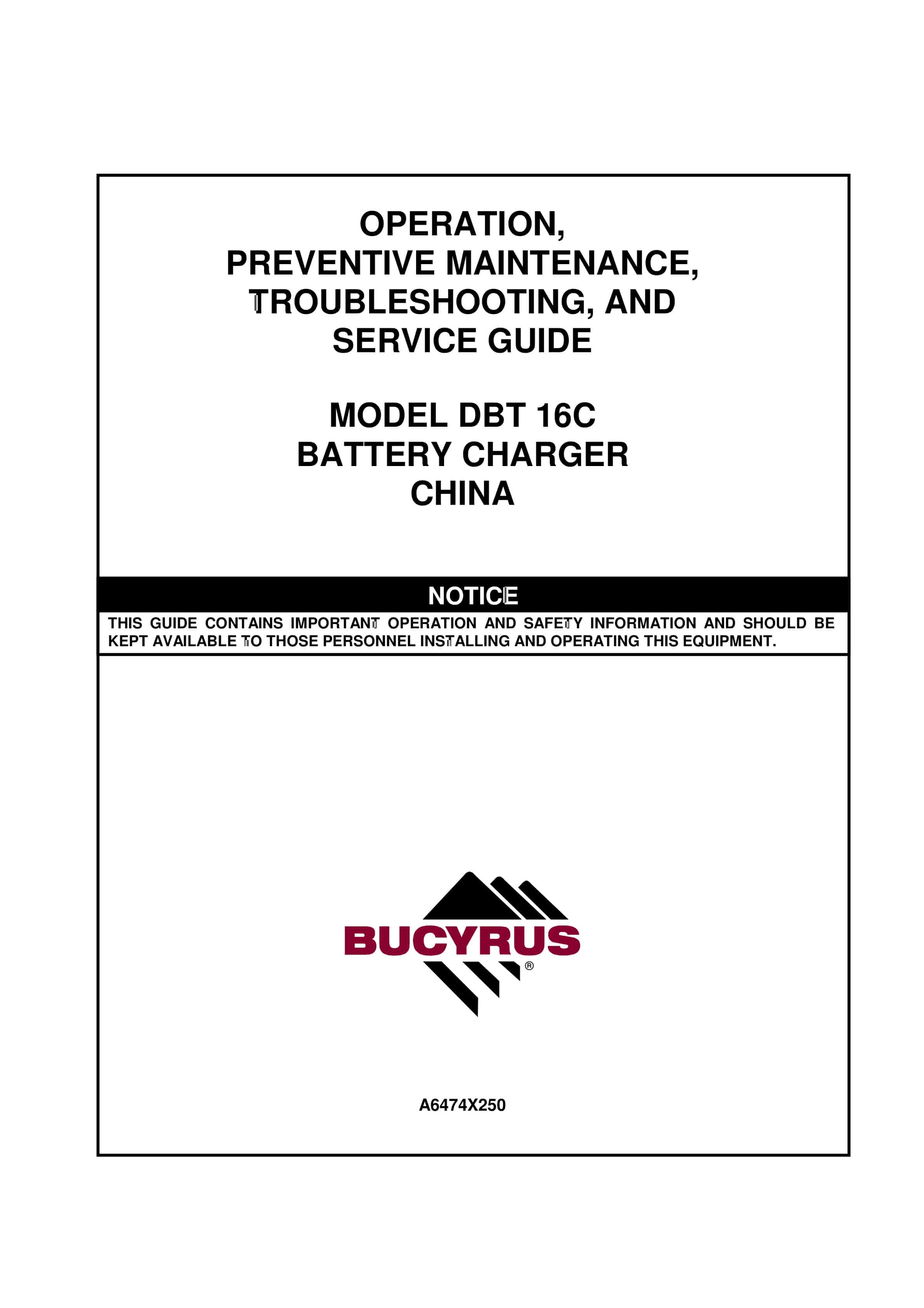 Bucyrus 16C Battery Charger Operation Manual A6474X250