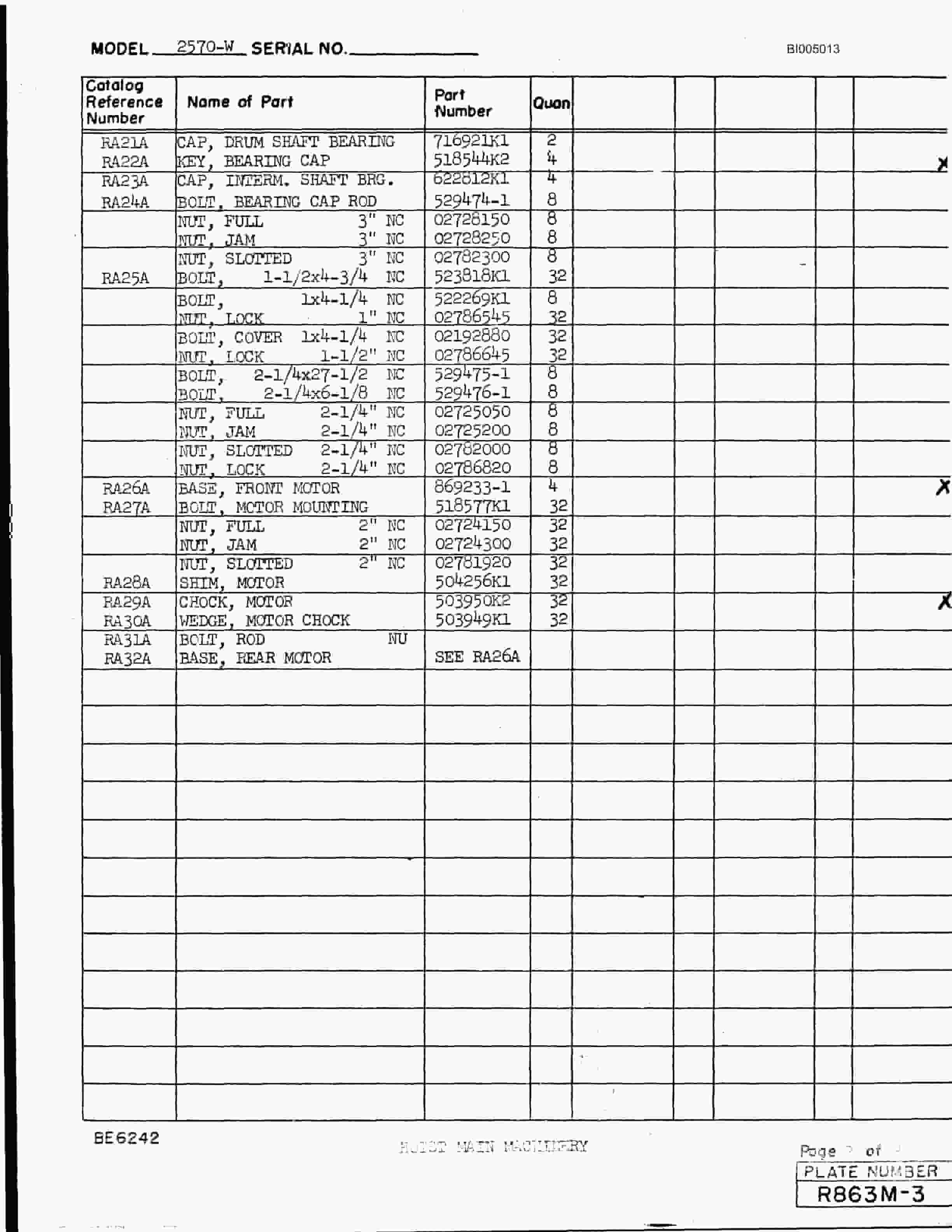 Bucyrus 2570-W Parts Catalog BI005013-2