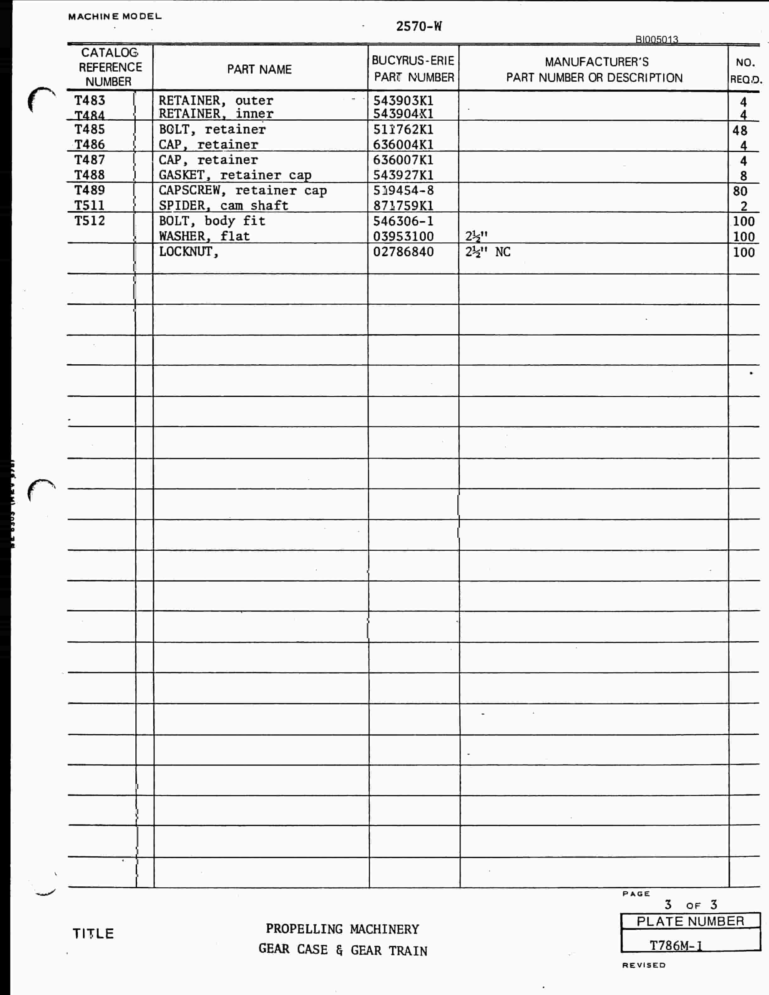Bucyrus 2570-W Parts Catalog BI005013-5