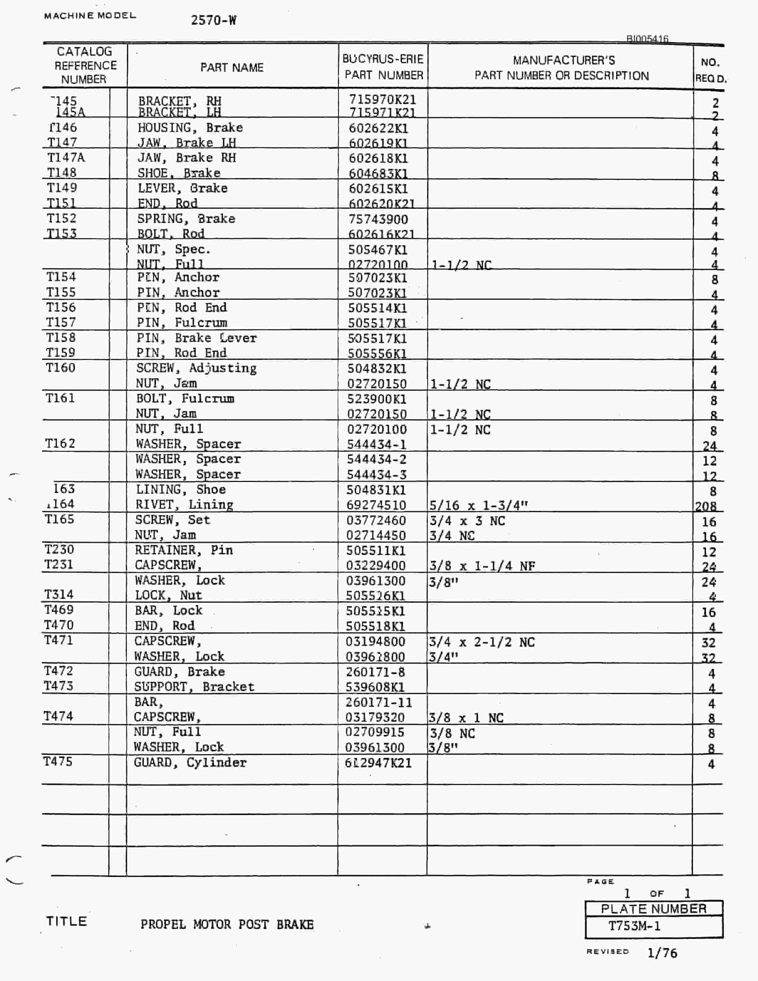 Bucyrus 2570W Parts Catalog BI005416-2