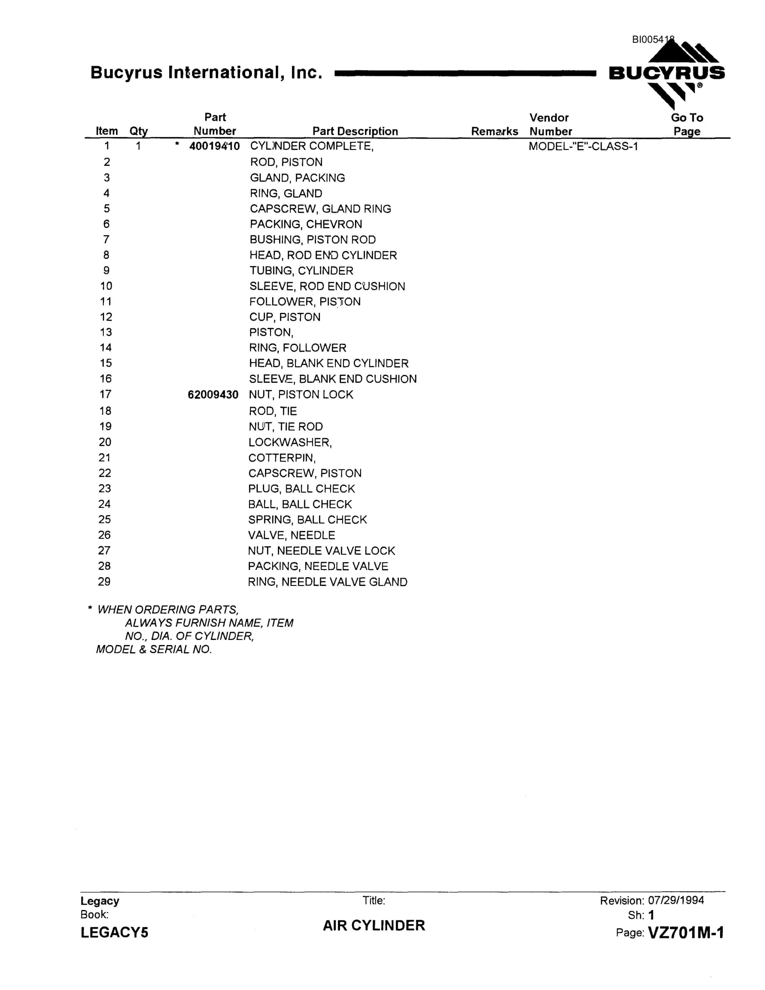 Bucyrus 2570W Parts Catalog BI005417-2