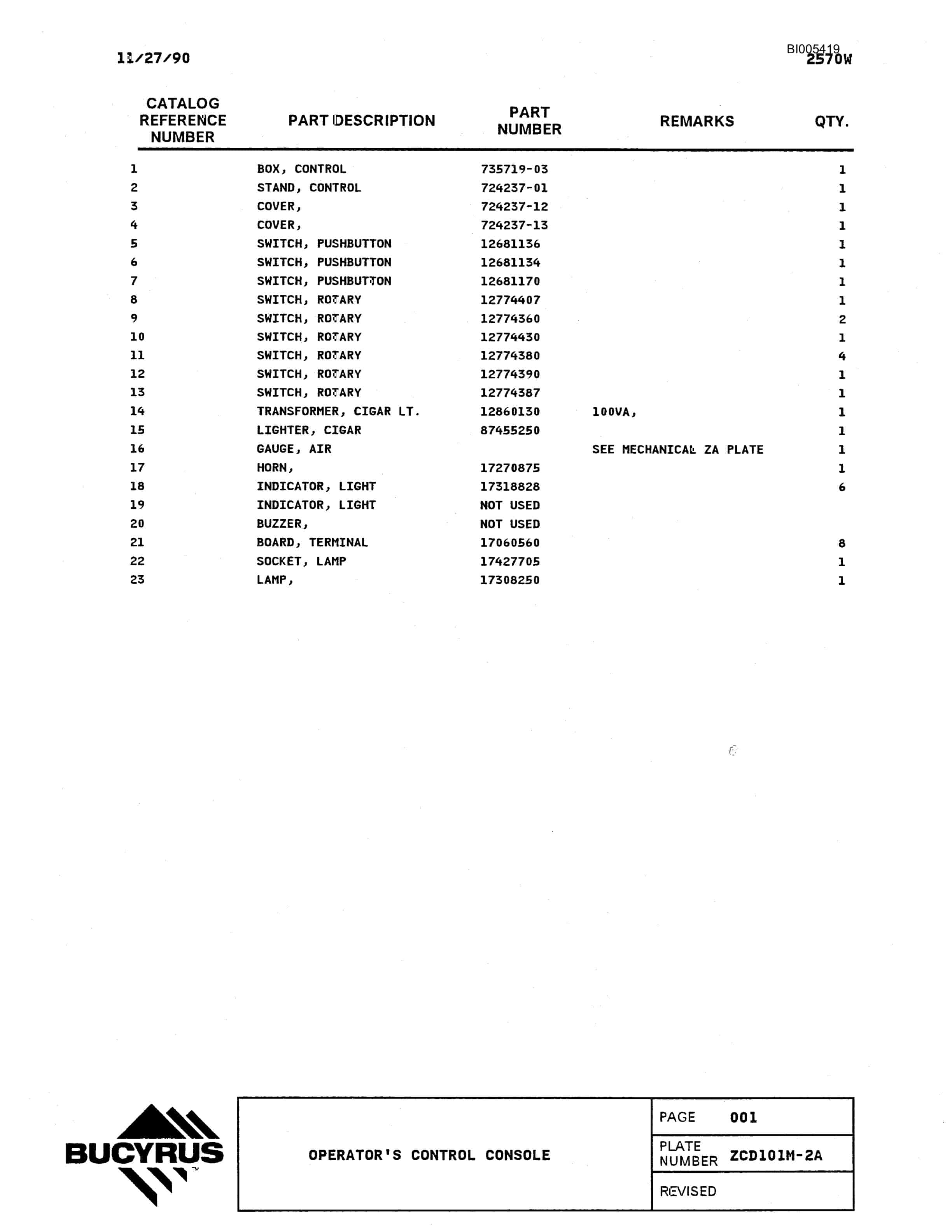 Bucyrus 2570W Parts Catalog BI005419-2