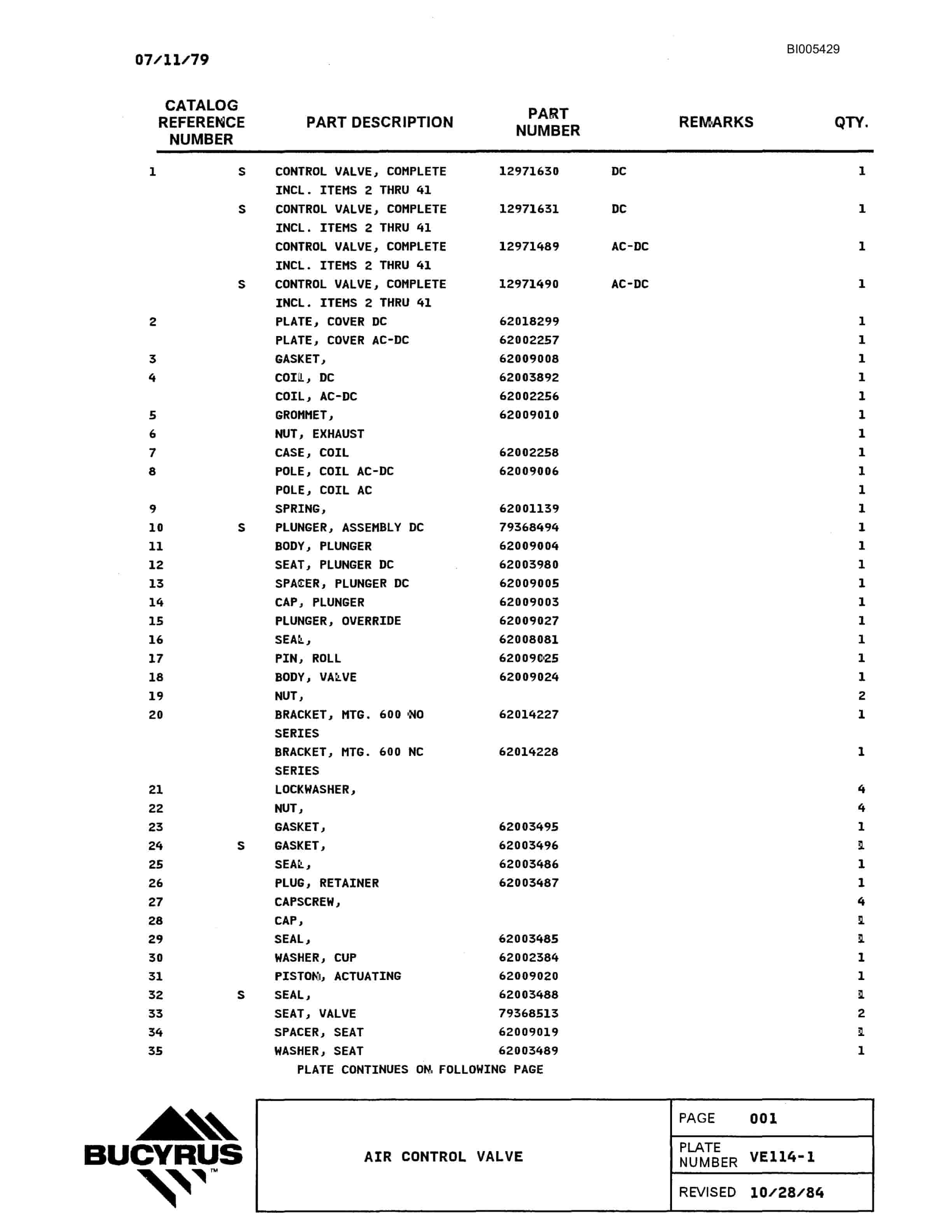 Bucyrus 2570W Parts Catalog BI005429-5