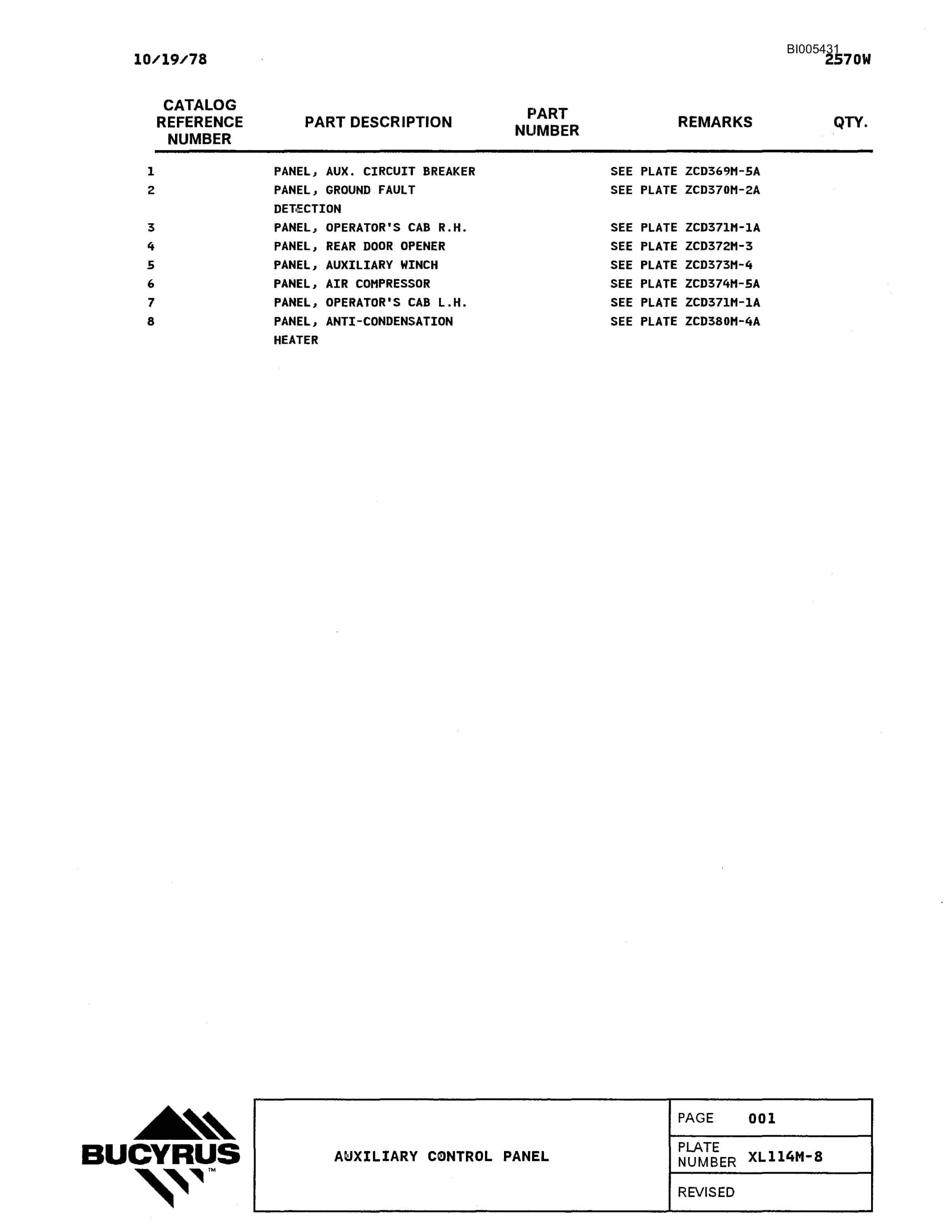 Bucyrus 2570W Parts Catalog BI005431-2