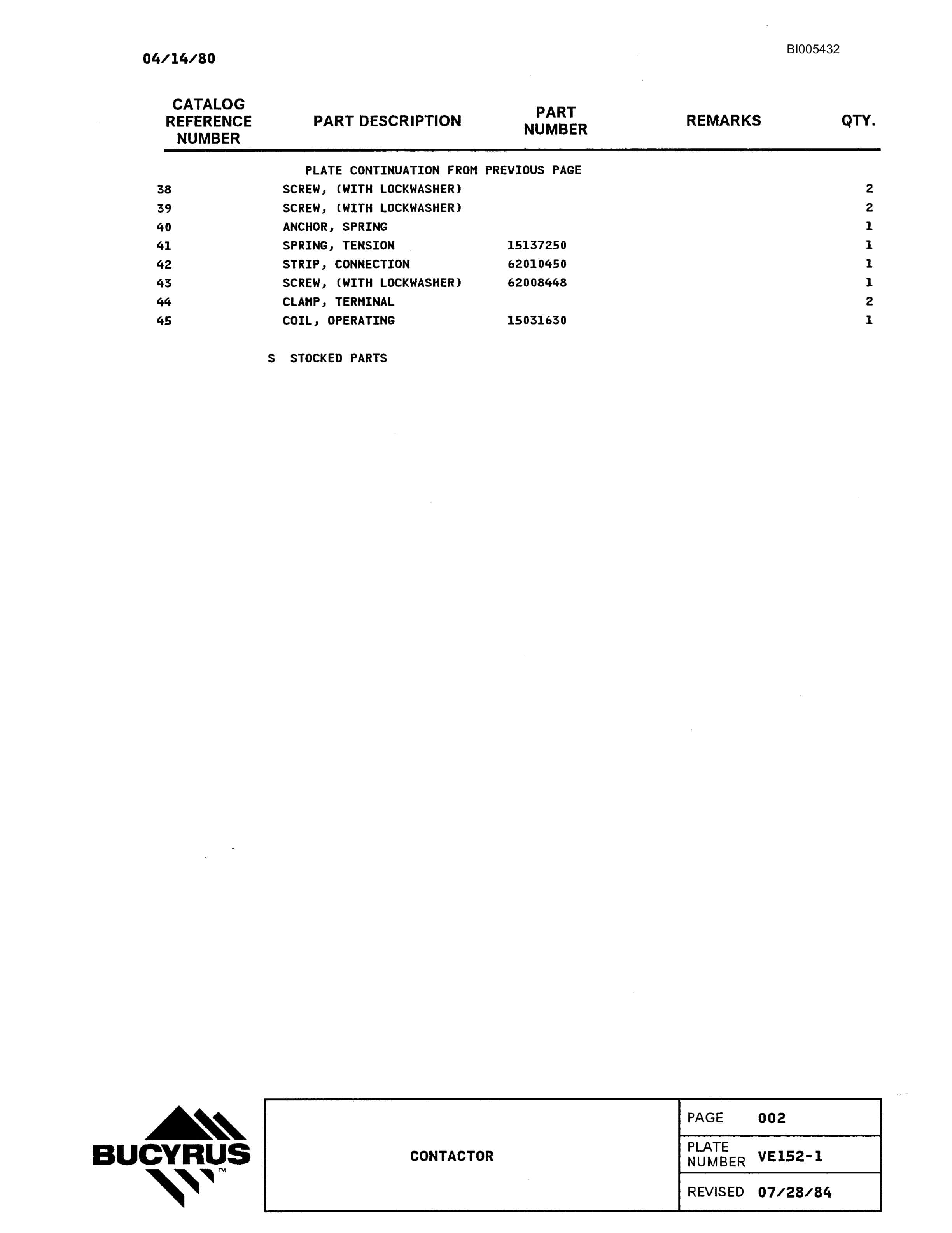 Bucyrus 2570W Parts Catalog BI005432-4