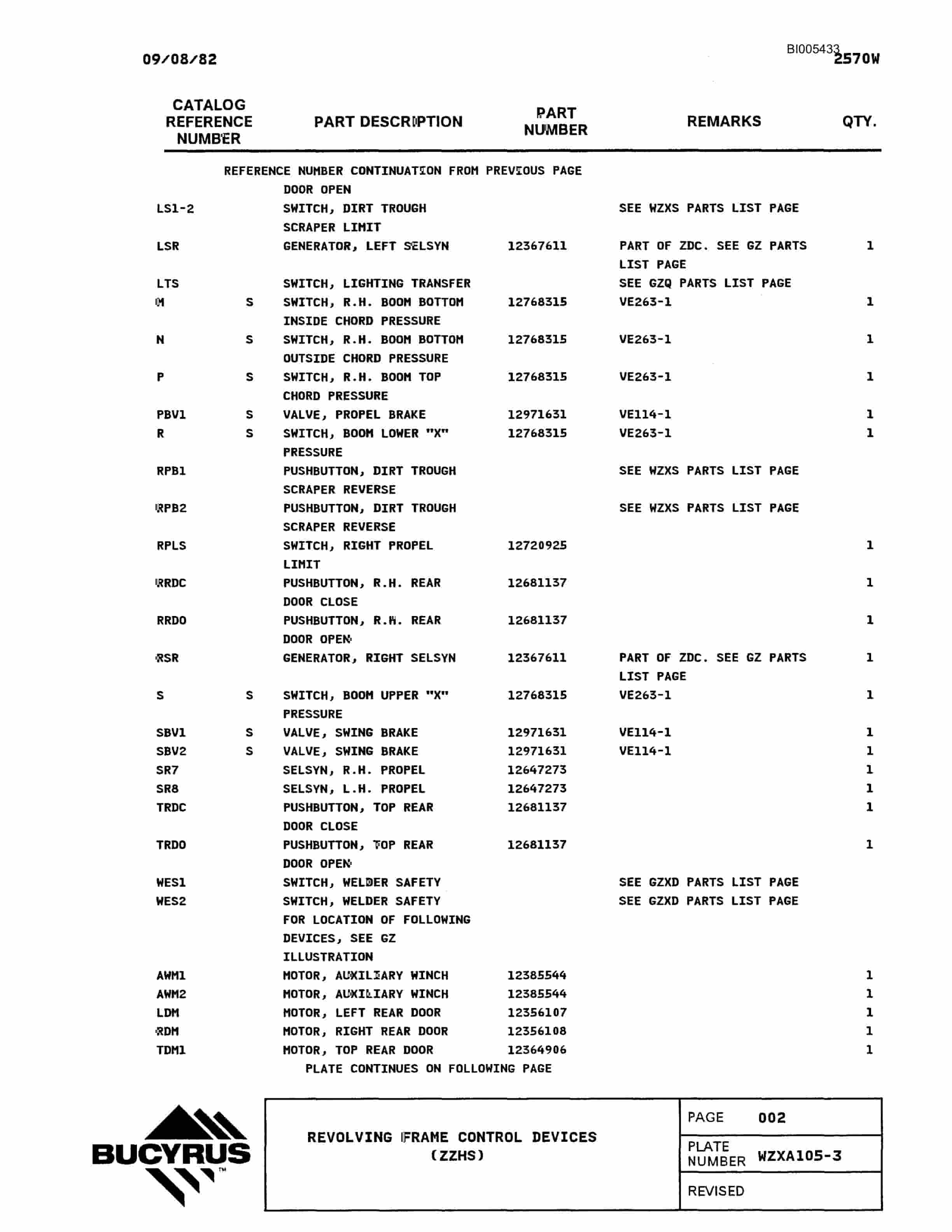 Bucyrus 2570W Parts Catalog BI005433-3